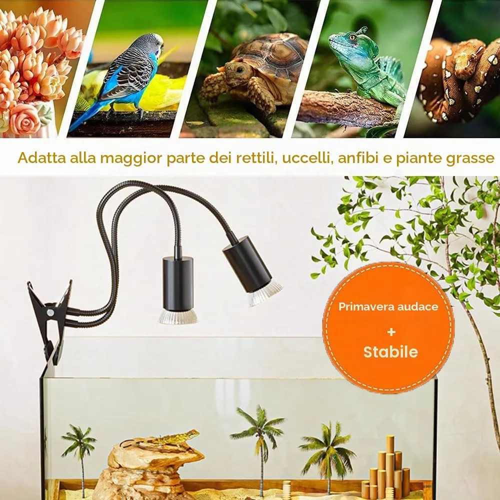 KINGYEENUO Lampada di Calore Rettile a Doppia Testa con Timer, 3 Lampadine (2x50W, 1x25W) UVA + UVB E27, Lampada a Clip Rotabile a 360° per Tartaruga - immagine 5