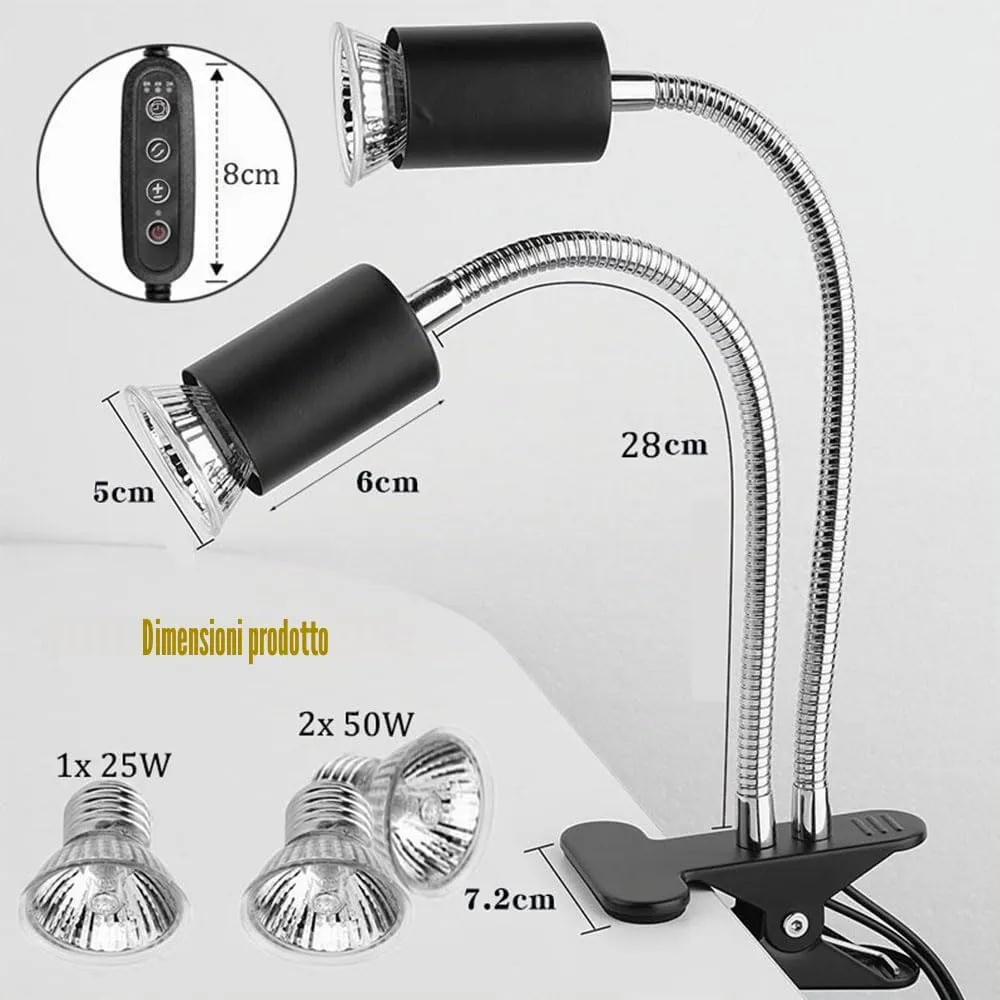 KINGYEENUO Lampada di Calore Rettile a Doppia Testa con Timer, 3 Lampadine (2x50W, 1x25W) UVA + UVB E27, Lampada a Clip Rotabile a 360° per Tartaruga - immagine 7