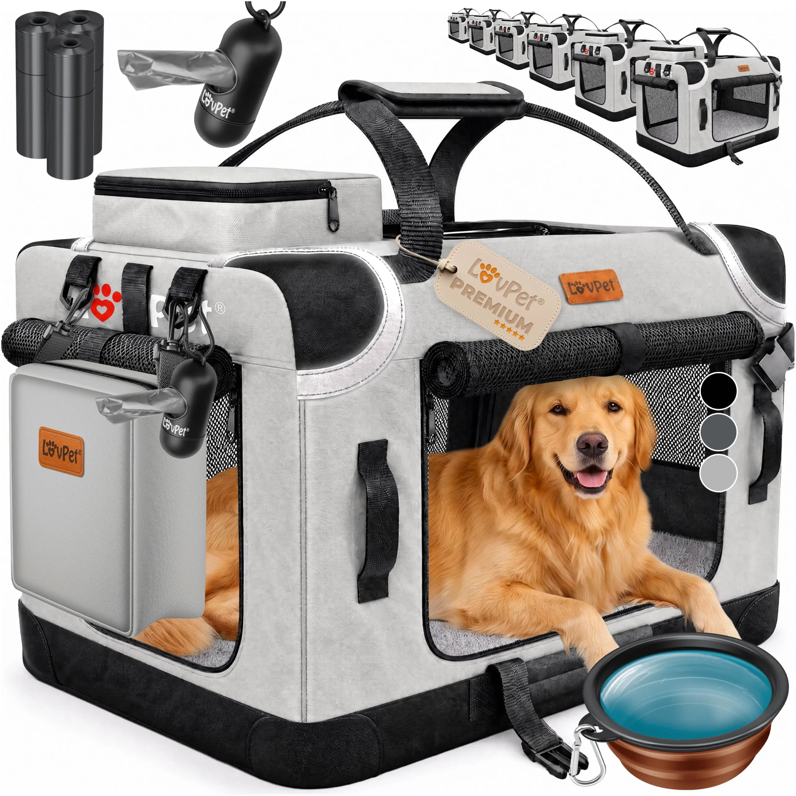 Lovpet Trasportino per Cani e Gatti Pieghevole con Borsa e Ciotola, Grigio Chiaro, XXXL - immagine 1