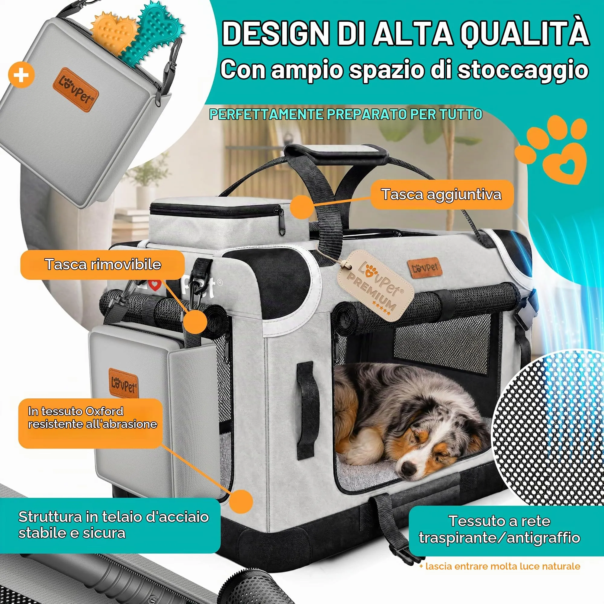 Lovpet Trasportino per Cani e Gatti Pieghevole con Borsa e Ciotola, Grigio Chiaro, XXXL - immagine 5