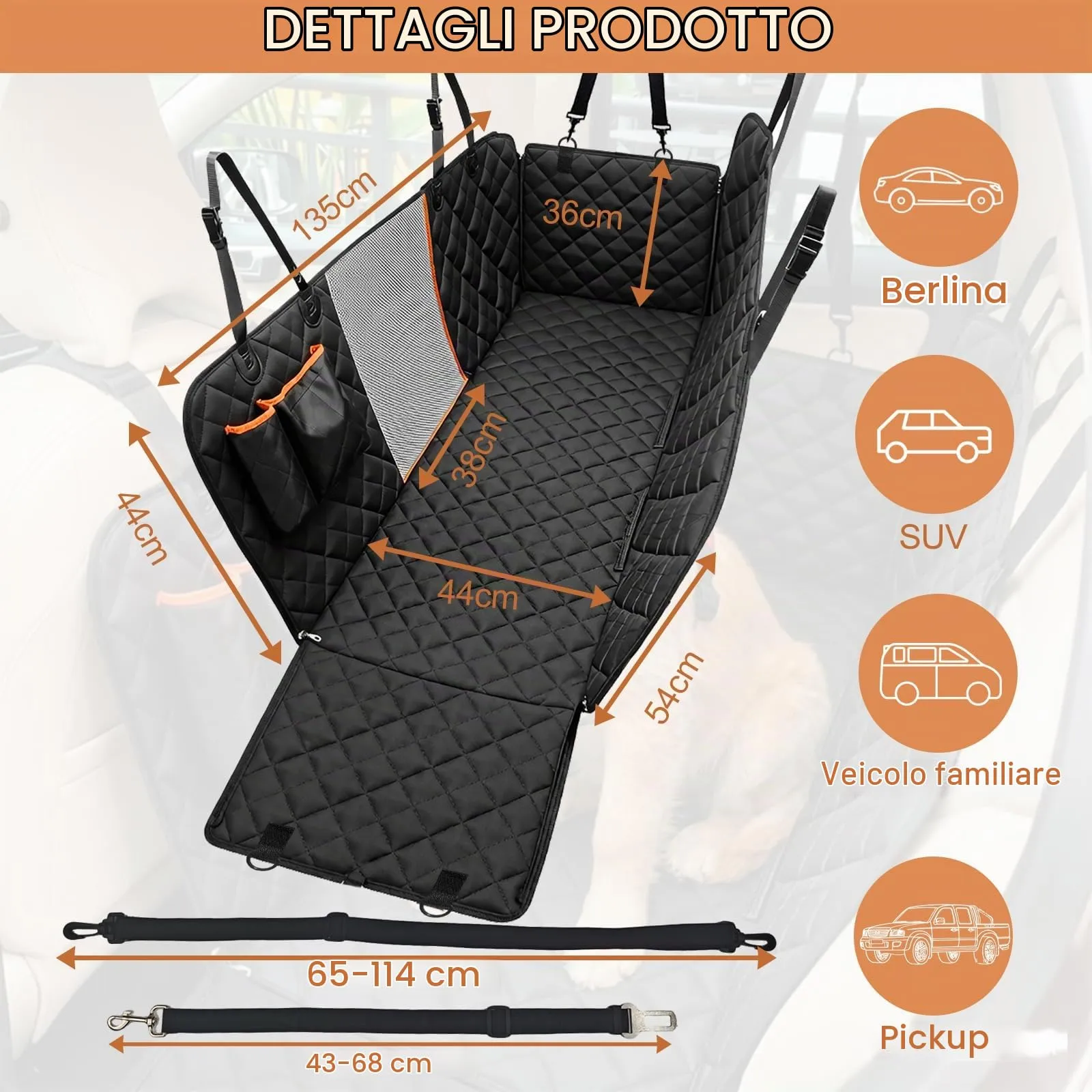 Zencantorous Coprisedile Auto per Cani, 135x44x36cm, Nero - immagine 2