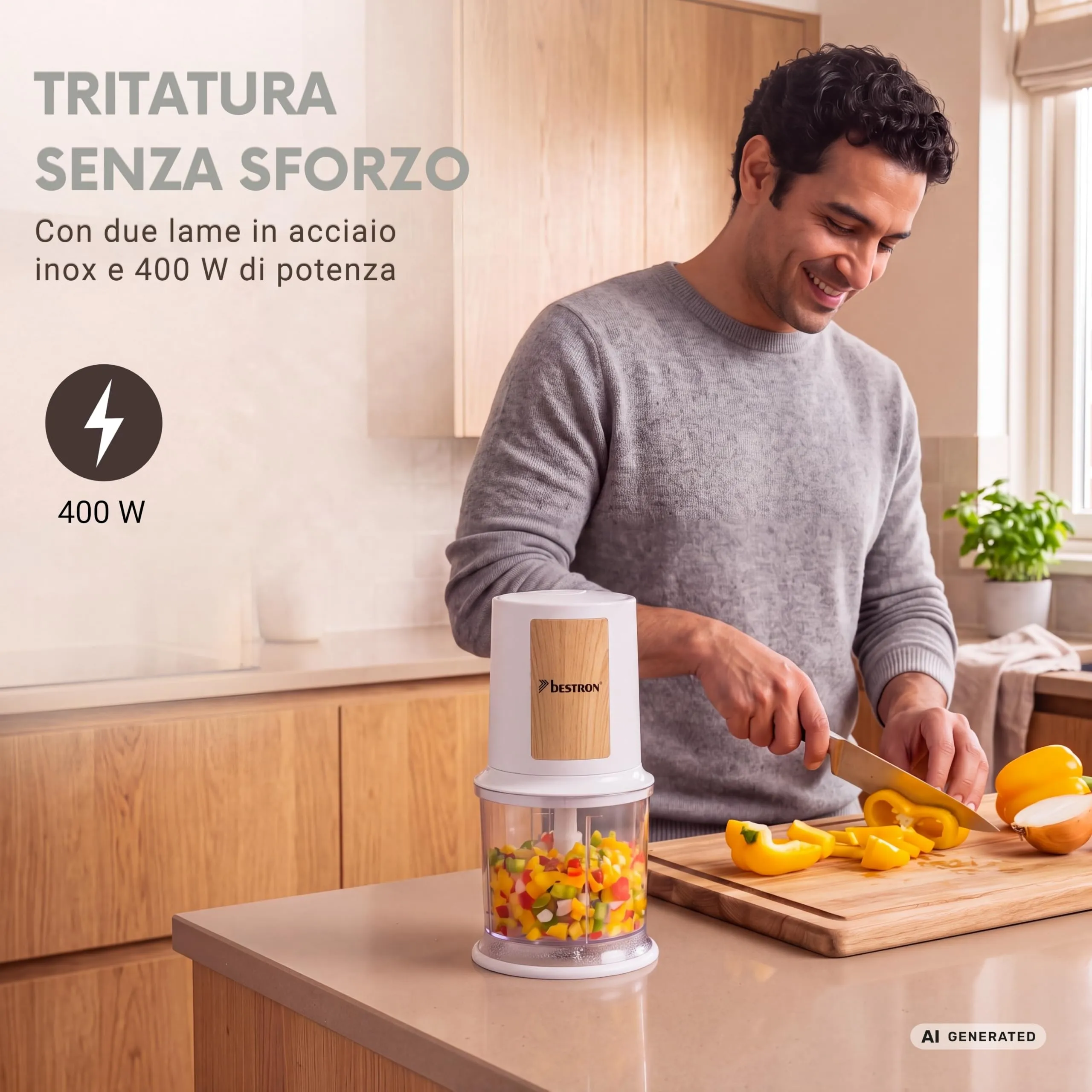Bestron AKC200NH Tritatutto Multifunzione, 500 ml, Bianco Opaco/Legno - immagine 3