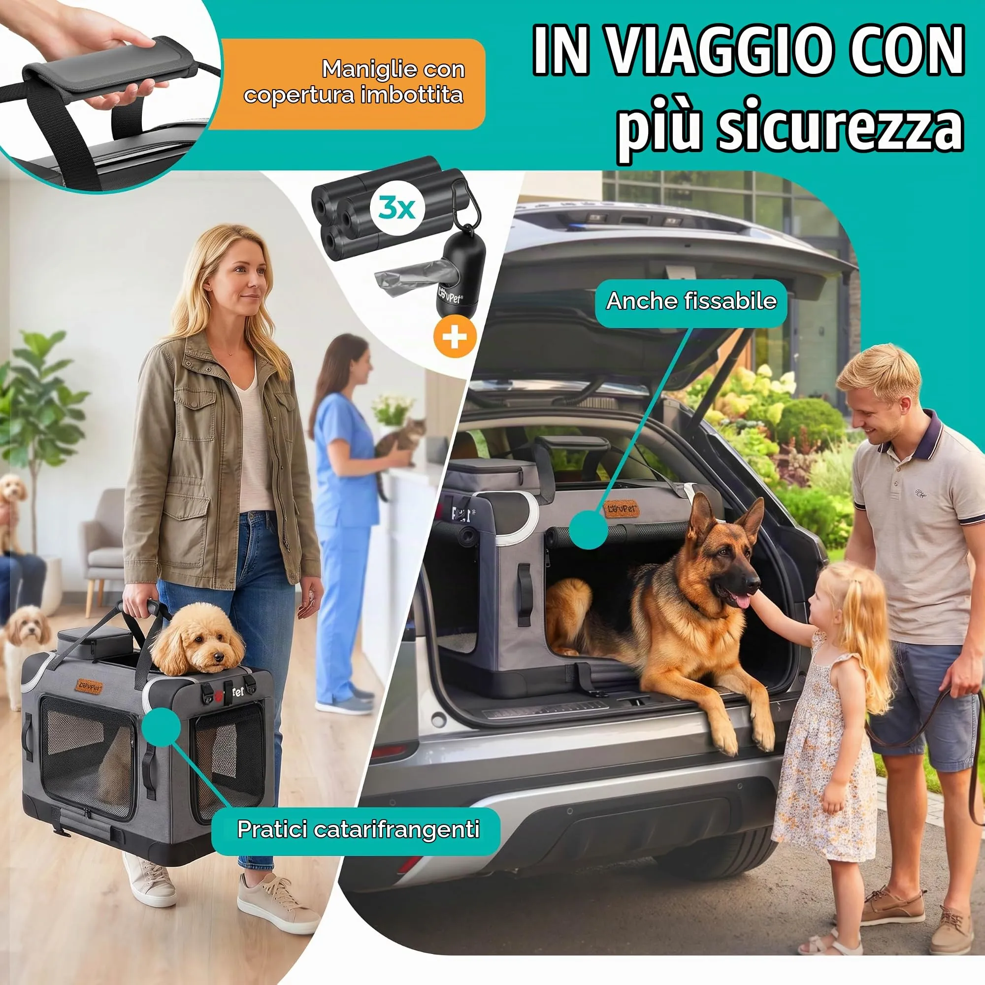 Lovpet Trasportino per Animali Domestici, Box Pieghevole con Borsa e Ciotola per Cani e Gatti, Antracite, XL - immagine 3