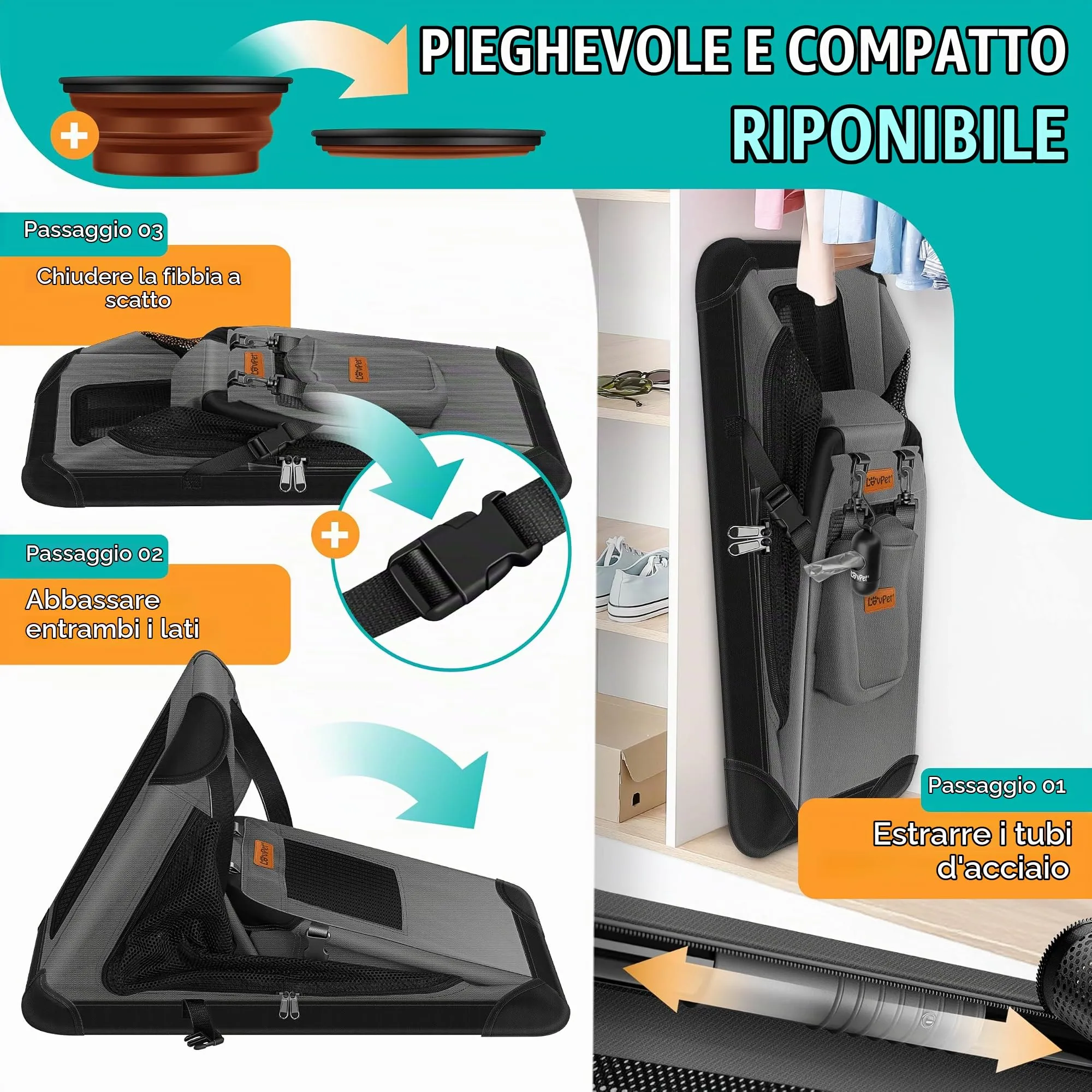 Lovpet Trasportino per Animali Domestici, Box Pieghevole con Borsa e Ciotola per Cani e Gatti, Antracite, XL - immagine 4