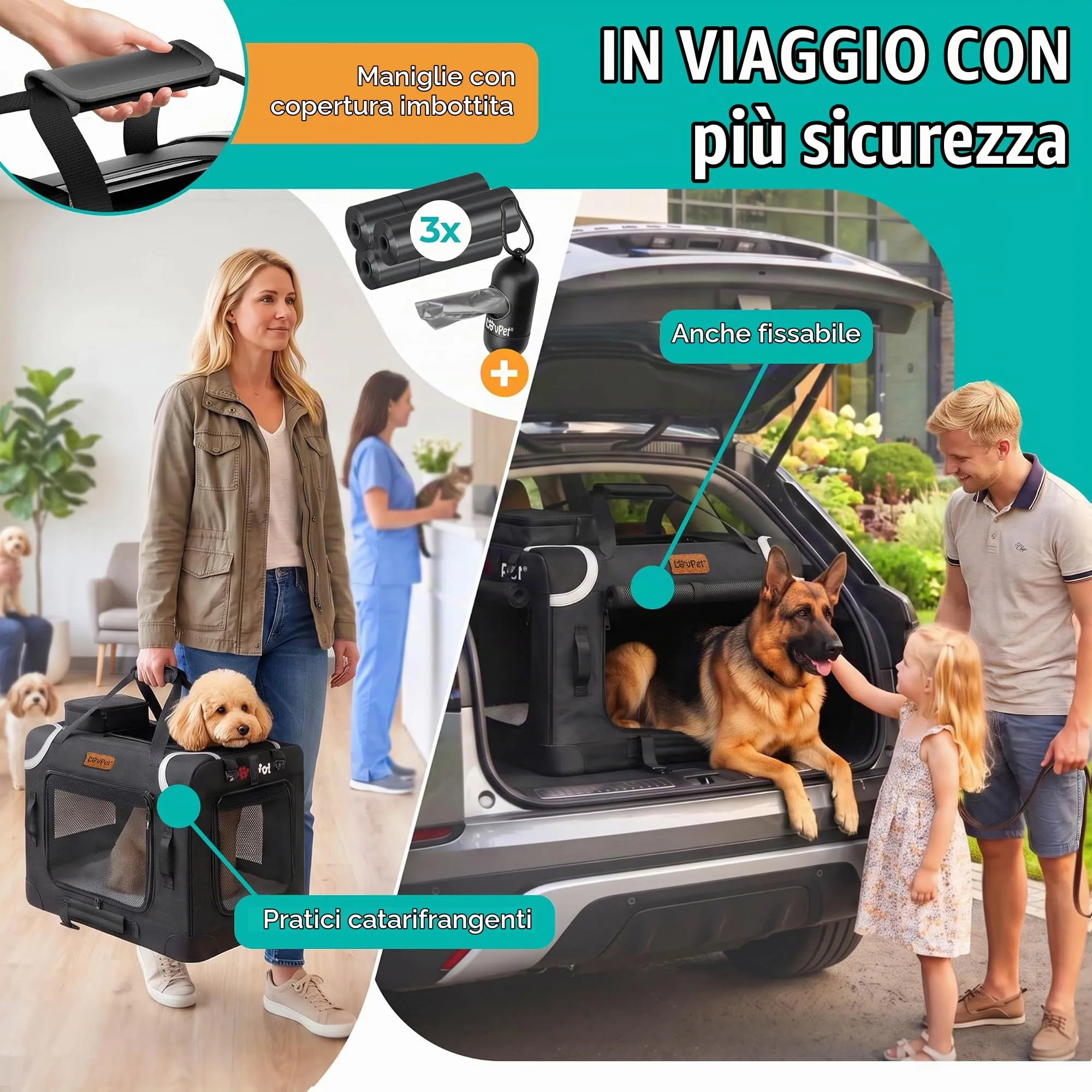 Lovpet Trasportino per Cani e Gatti Pieghevole con Borsa e Ciotola, Nero, XL - immagine 3