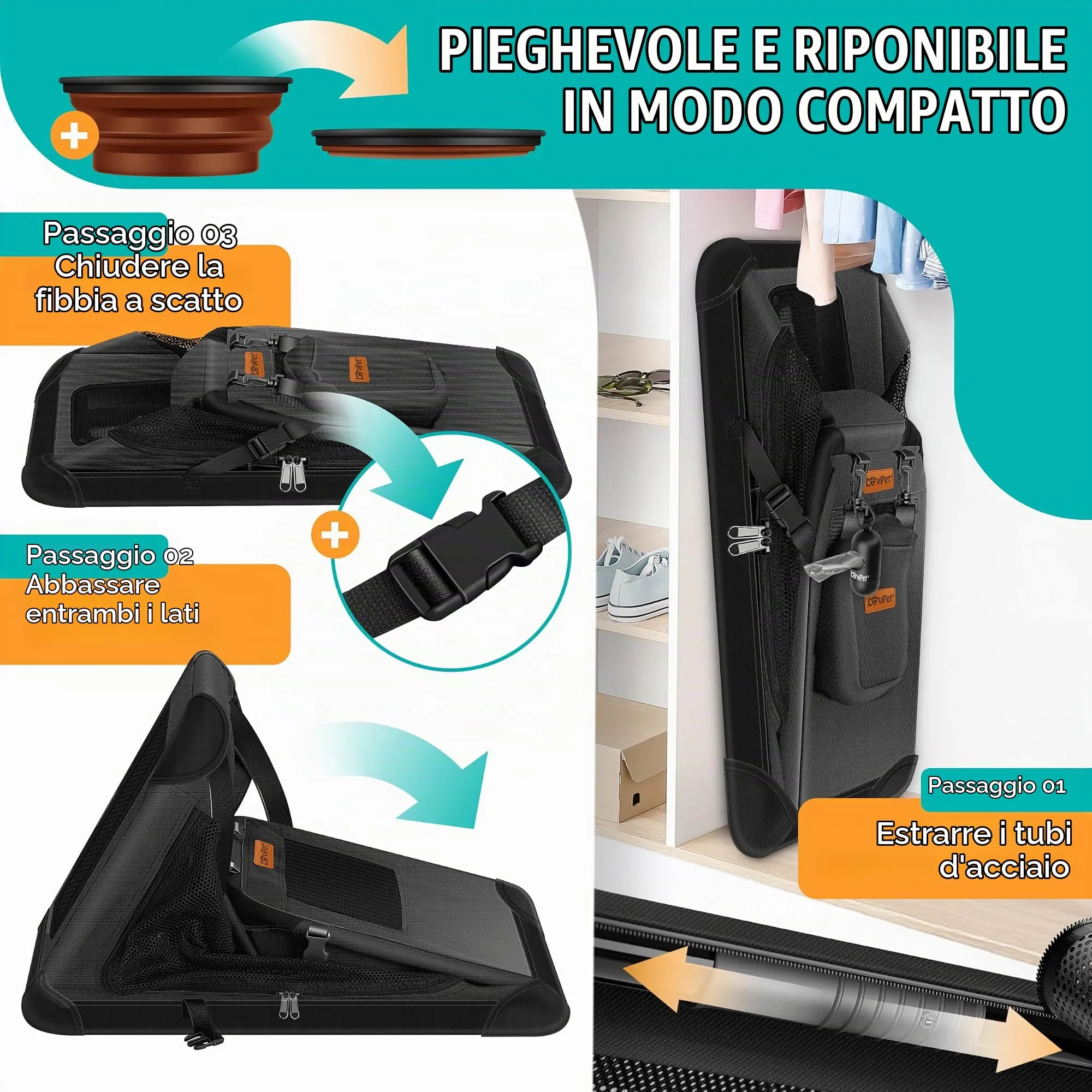 Lovpet Trasportino per Cani e Gatti Pieghevole con Borsa e Ciotola, Nero, XL - immagine 4