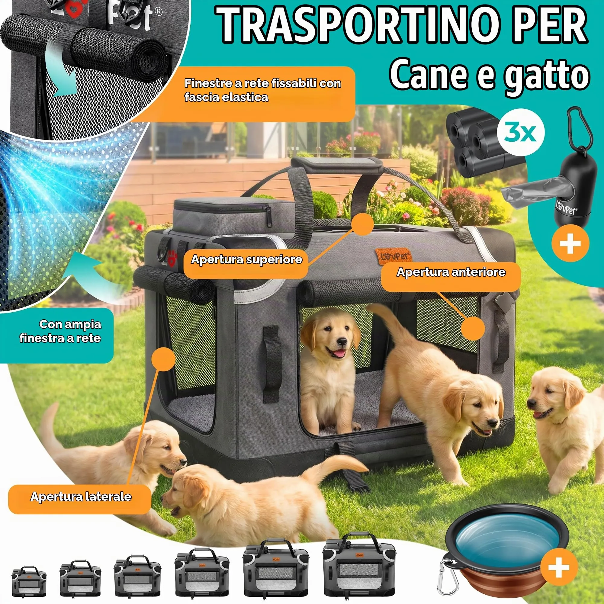 Lovpet Trasportino per Cani e Gatti Pieghevole con Borsa e Ciotola, Antracite, L - immagine 2