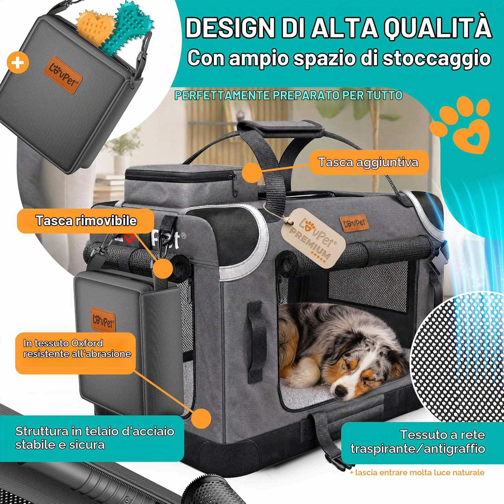 Lovpet Trasportino per Cani e Gatti Pieghevole con Borsa e Ciotola, Antracite, L - immagine 5