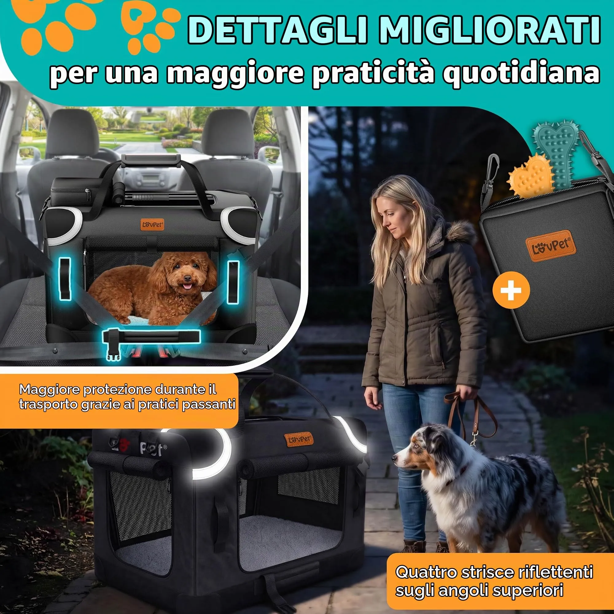 Lovpet Trasportino per Cani e Gatti Pieghevole con Borsa e Ciotola, Nero, M - immagine 9