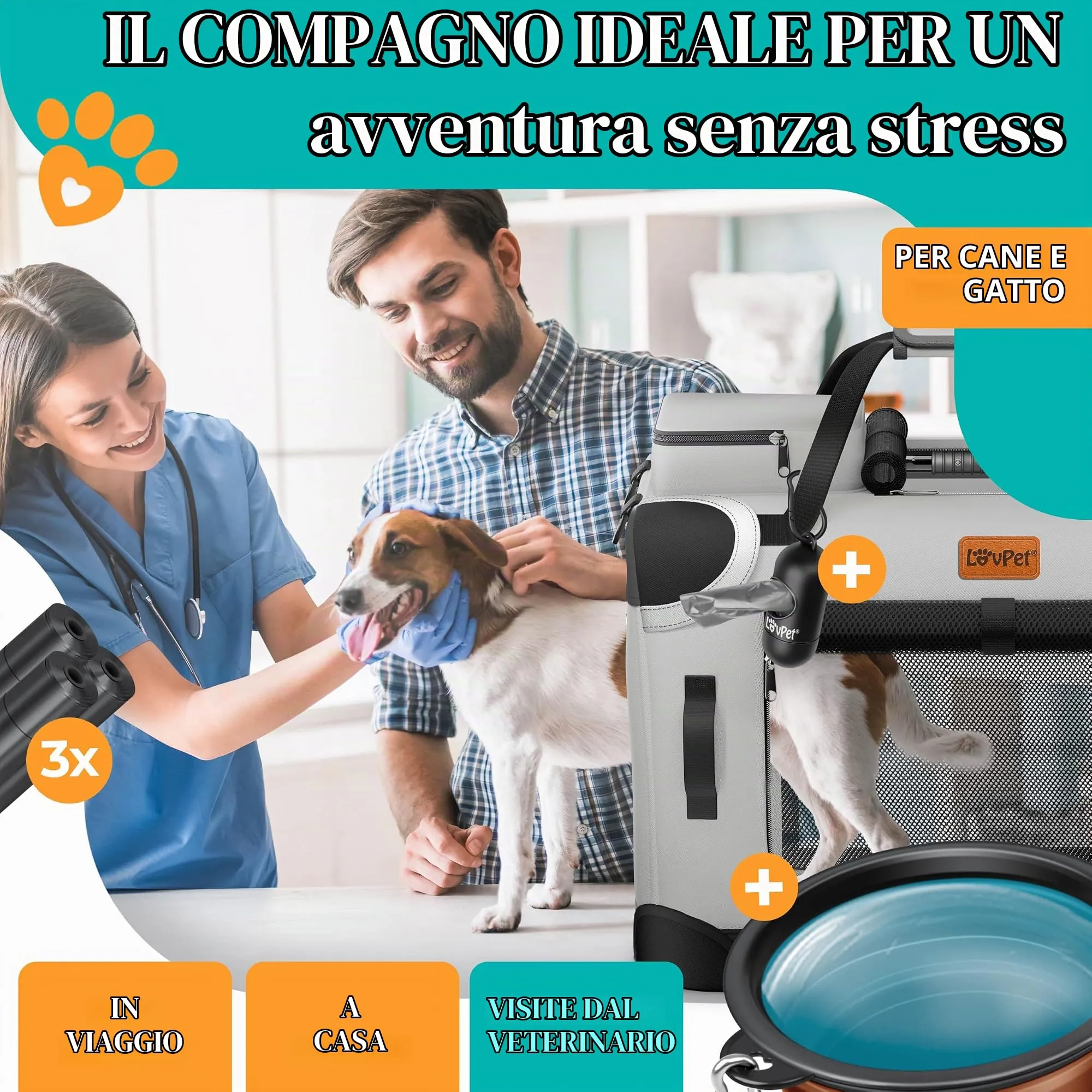 Lovpet Trasportino per Cani e Gatti Pieghevole con Borsa e Ciotola, Grigio Chiaro, XL - immagine 6
