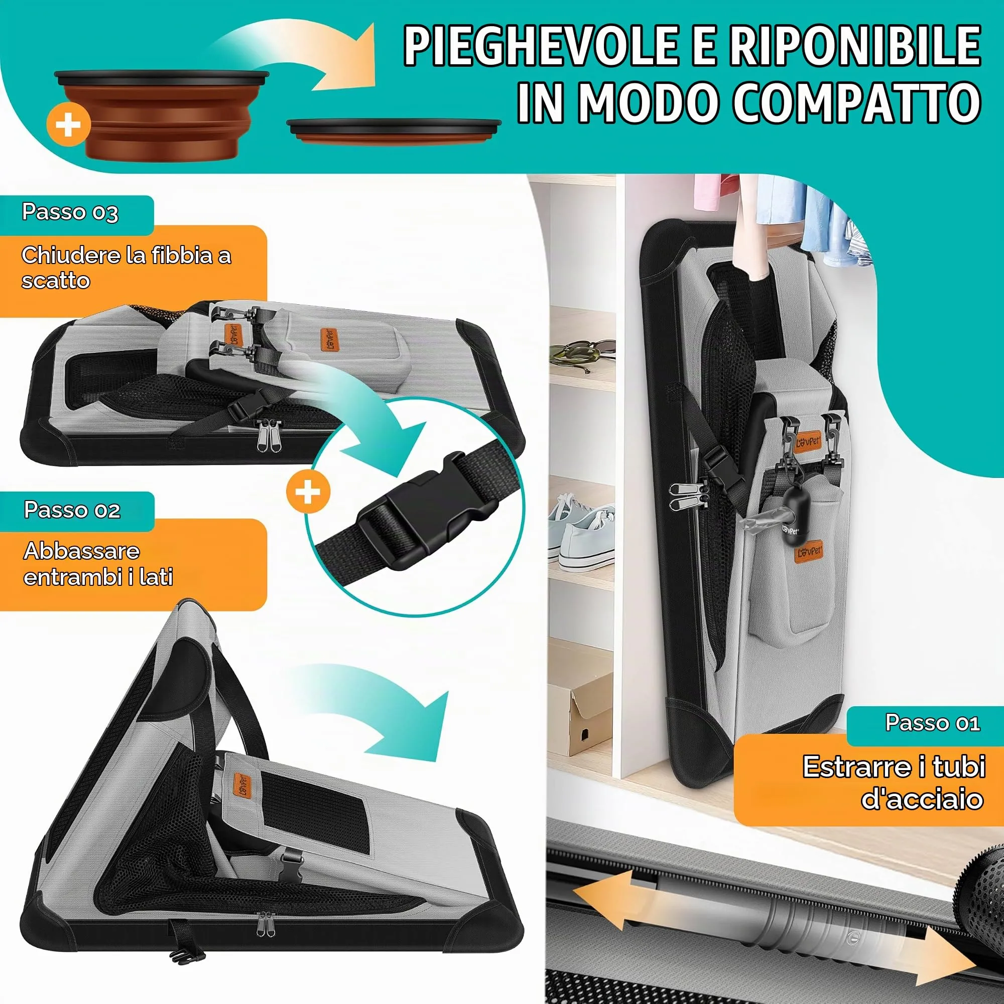 Lovpet Trasportino per Cani e Gatti Pieghevole con Borsa e Ciotola, Grigio chiaro, XXL - immagine 4