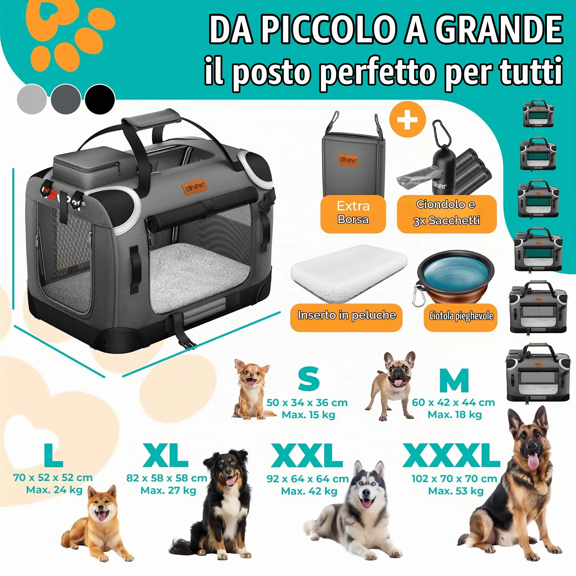 Lovpet Trasportino per Cani e Gatti Pieghevole con Borsa e Ciotola, Antracite, M - immagine 8