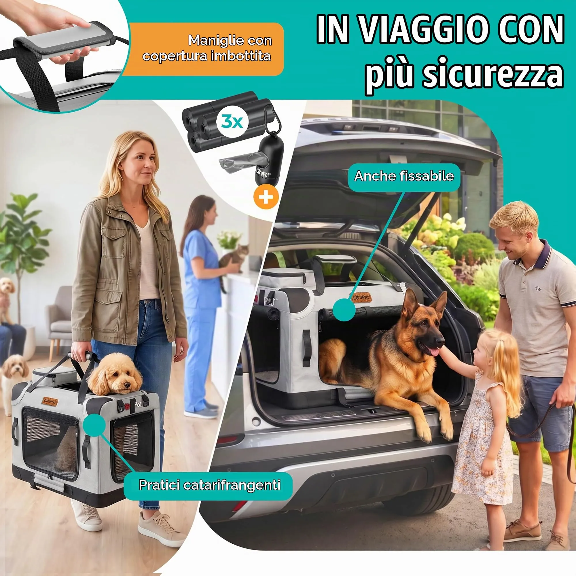 Lovpet Trasportino per Cani e Gatti Pieghevole con Borsa e Ciotola, Grigio Chiaro, L - immagine 3