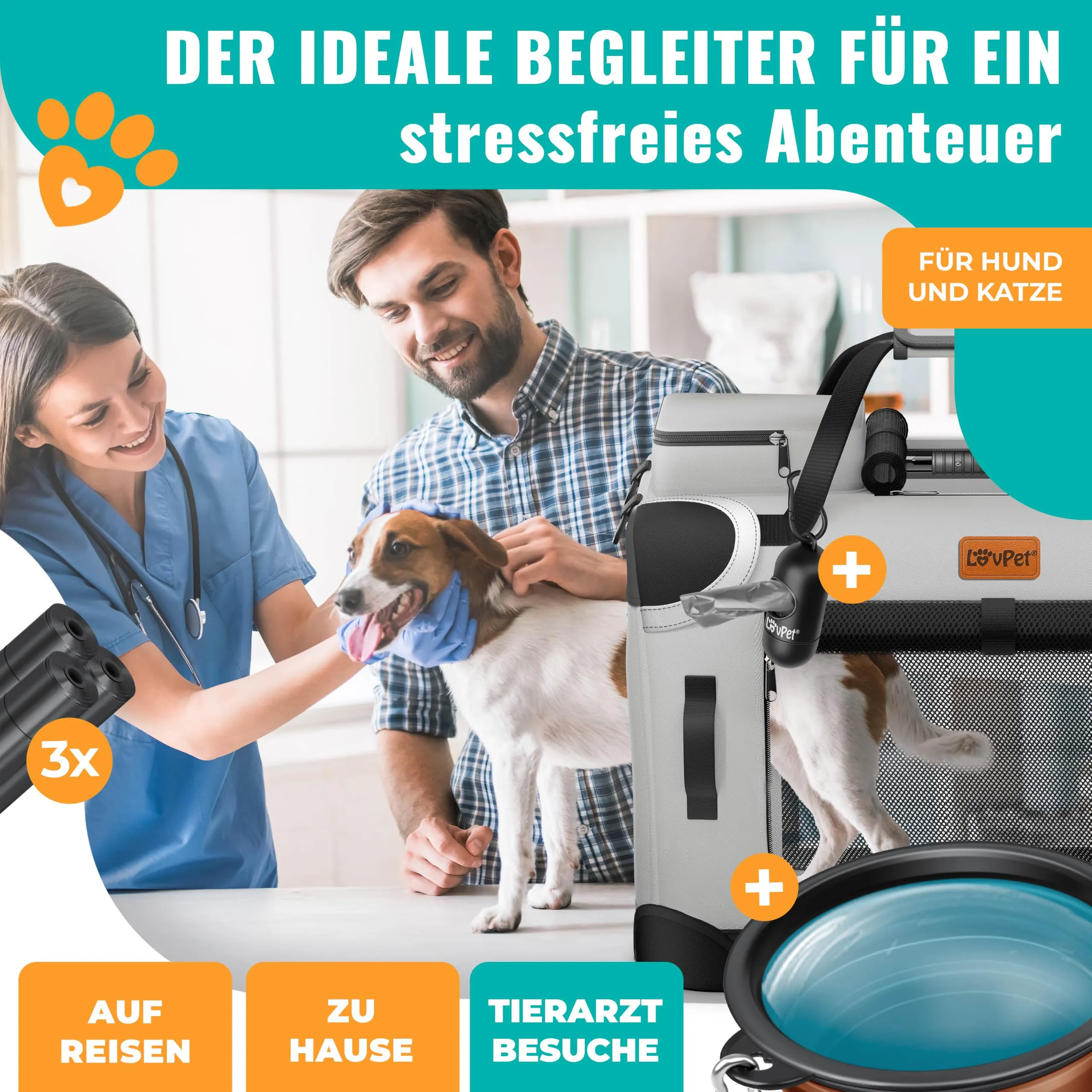 Lovpet Trasportino per Cani e Gatti Pieghevole con Borsa e Ciotola, Grigio Chiaro, L - immagine 6
