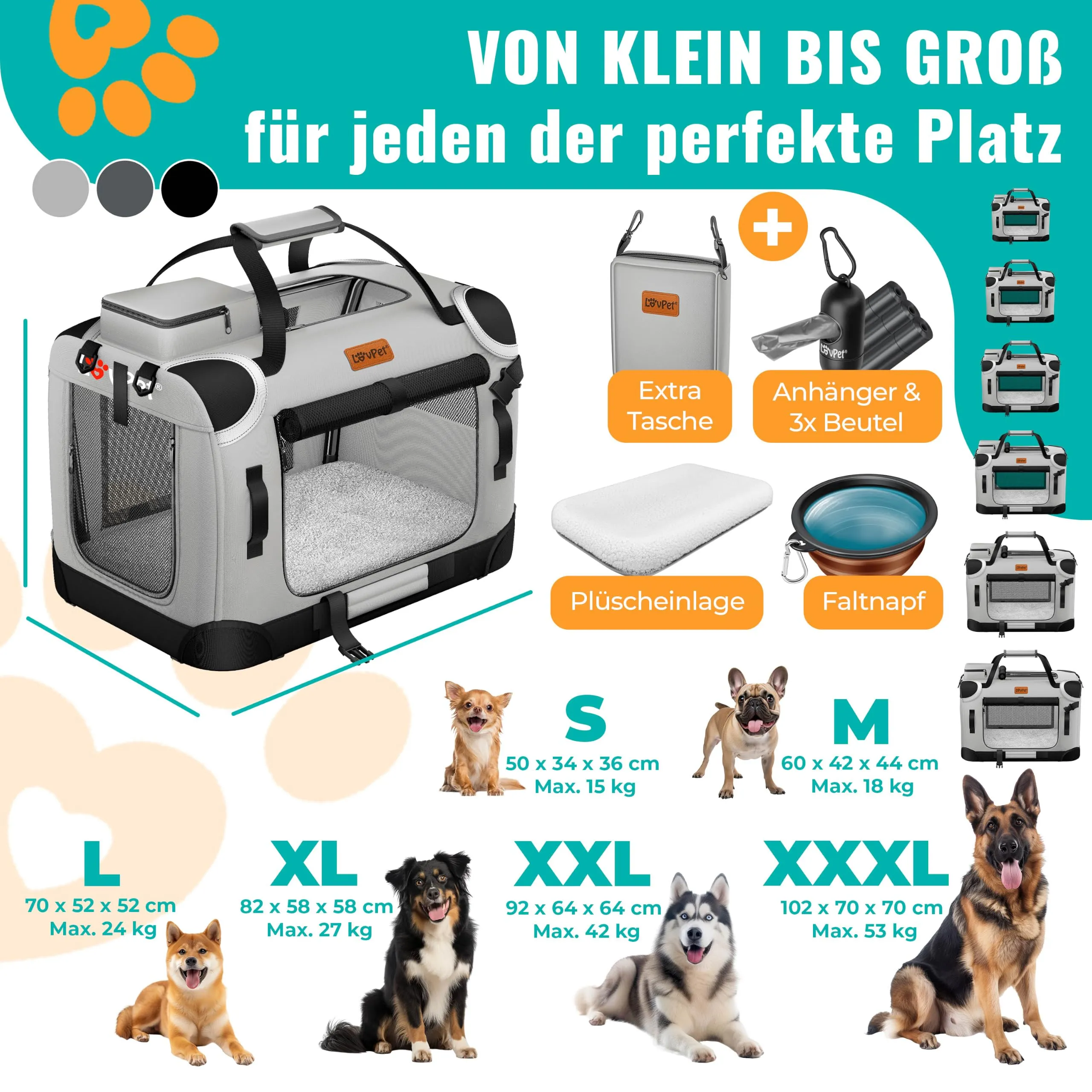 Lovpet Trasportino per Cani e Gatti Pieghevole con Borsa e Ciotola, Grigio Chiaro, L - immagine 8