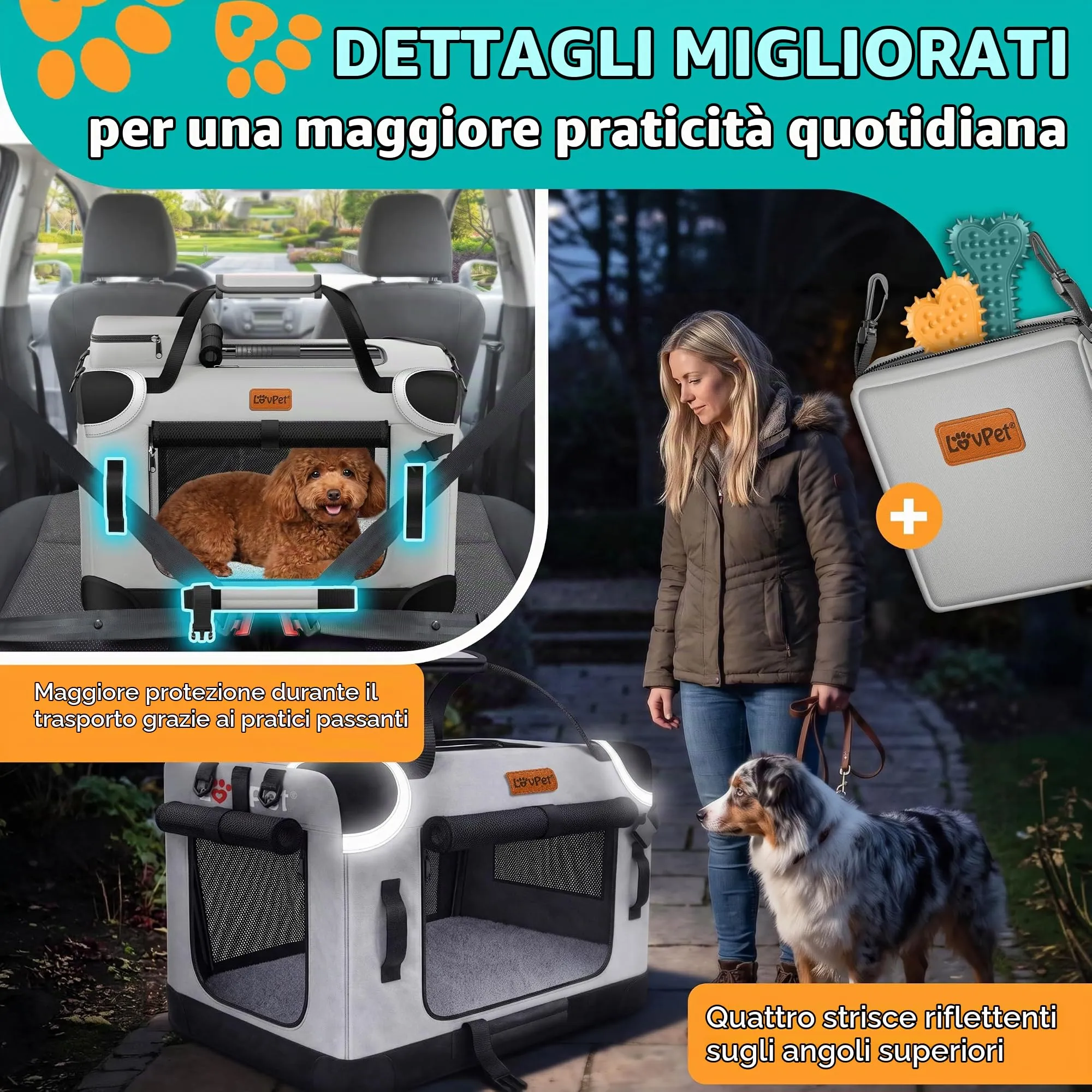 Lovpet Trasportino per Cani e Gatti Pieghevole con Borsa e Ciotola, Grigio Chiaro, L - immagine 9