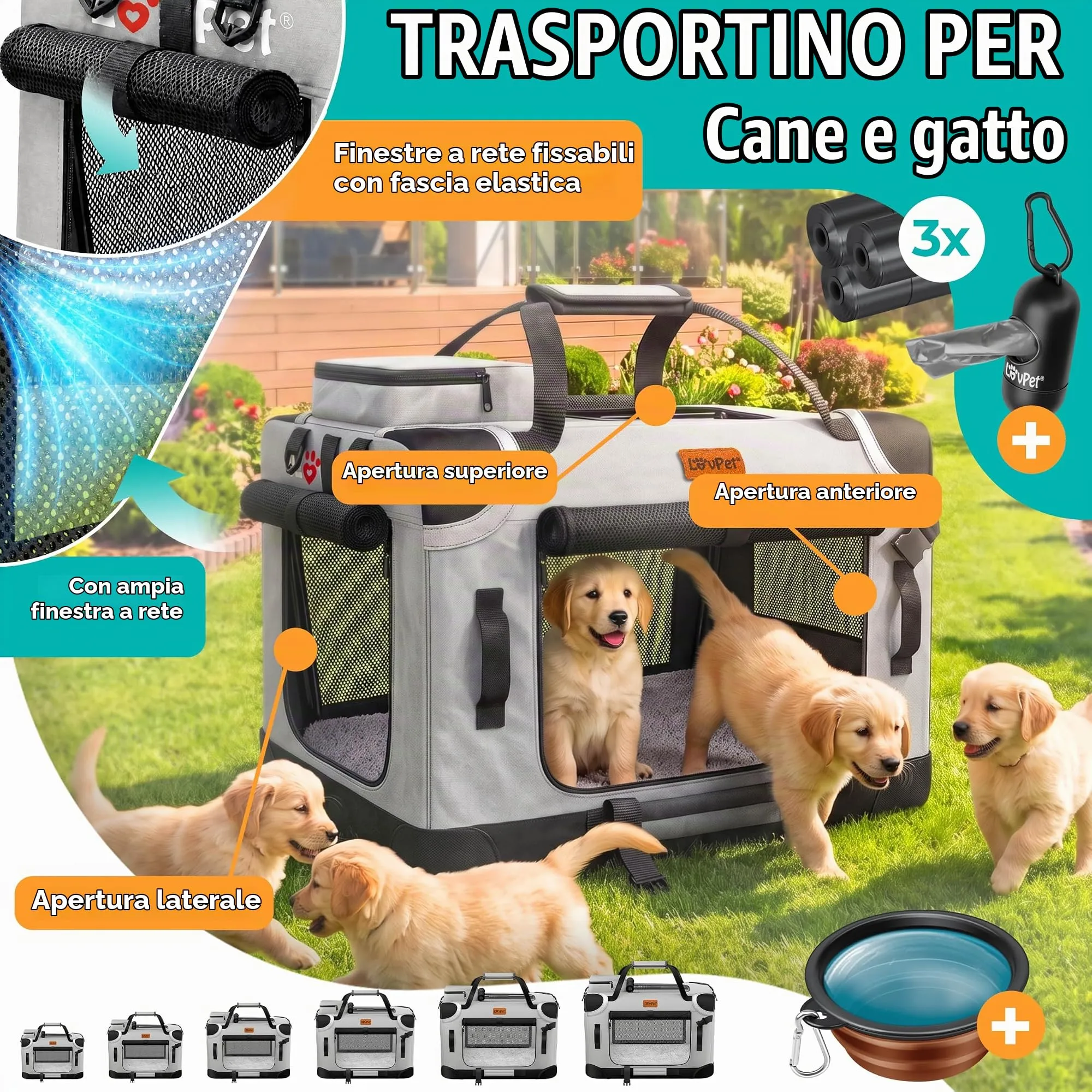 Lovpet Trasportino per Cani e Gatti Pieghevole con Borsa per il Trasporto e Ciotola, Grigio Chiaro, M - immagine 2