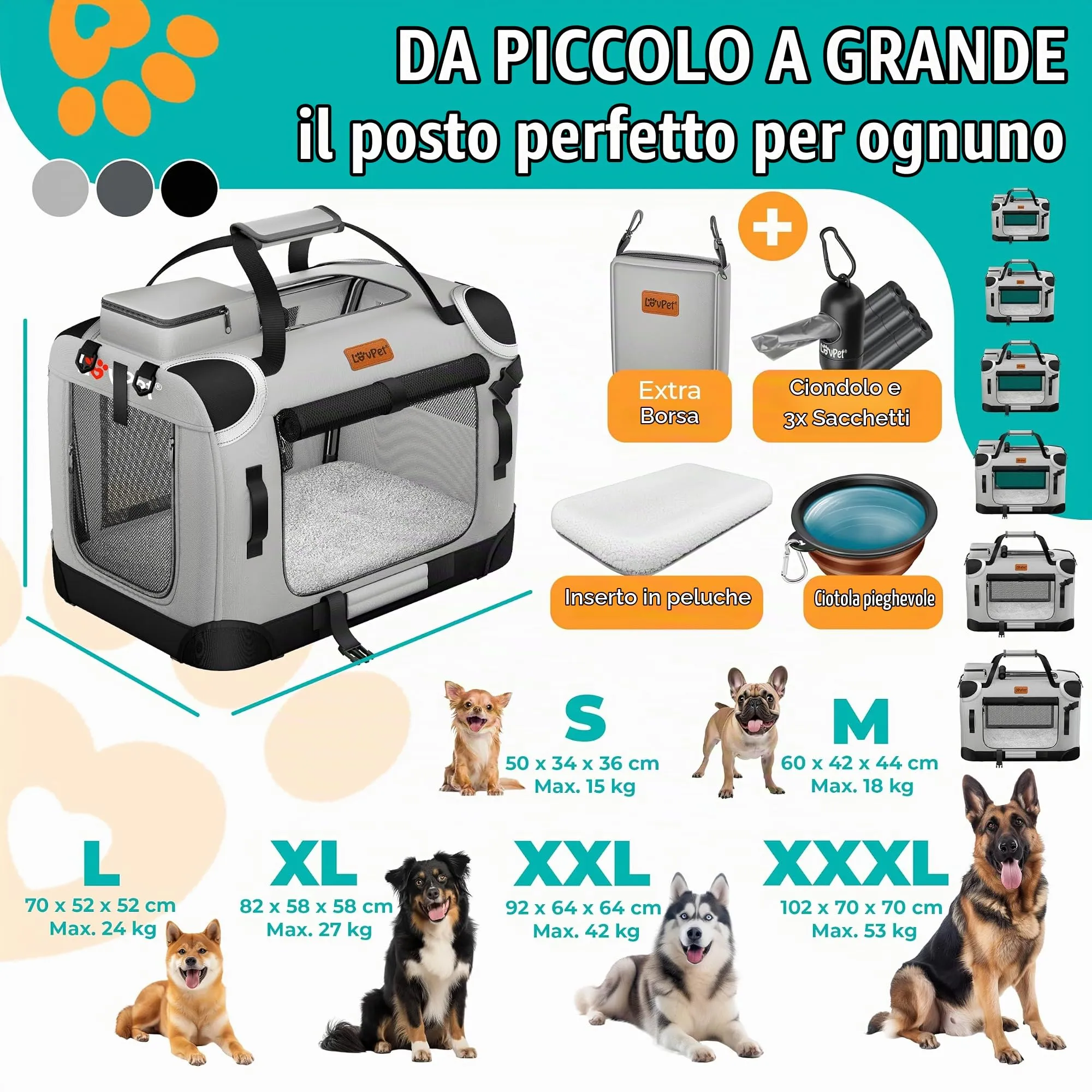 Lovpet Trasportino per Cani e Gatti Pieghevole con Borsa per il Trasporto e Ciotola, Grigio Chiaro, M - immagine 8