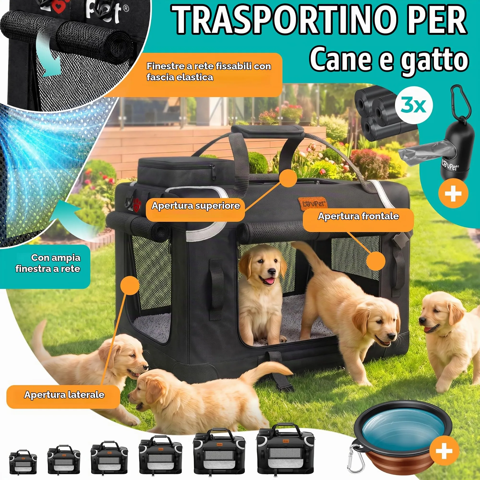 Lovpet Trasportino per Cani e Gatti Pieghevole con Borsa e Ciotola, Nero, XXL - immagine 2