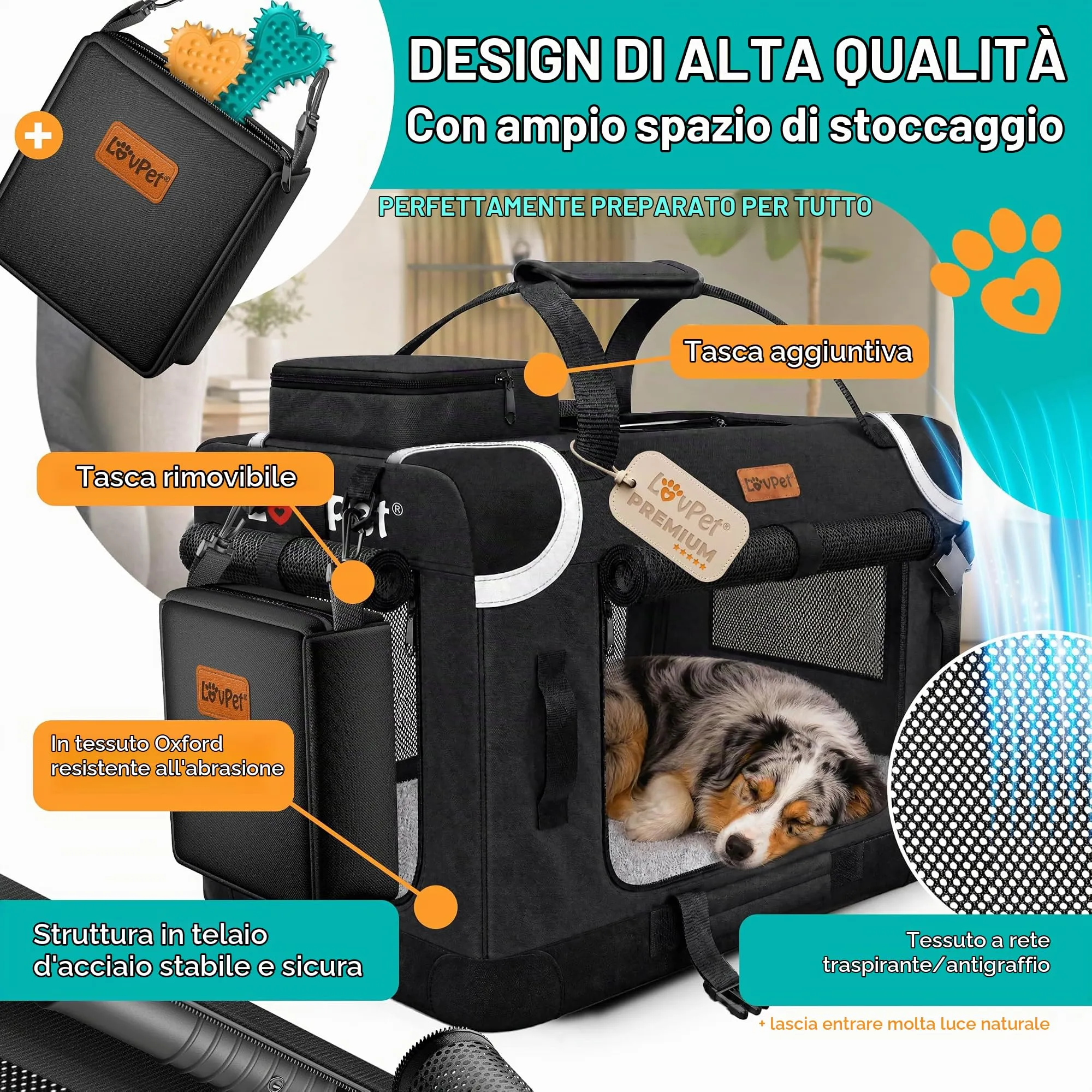 Lovpet Trasportino per Cani e Gatti Pieghevole con Borsa e Ciotola, Nero, XXL - immagine 5