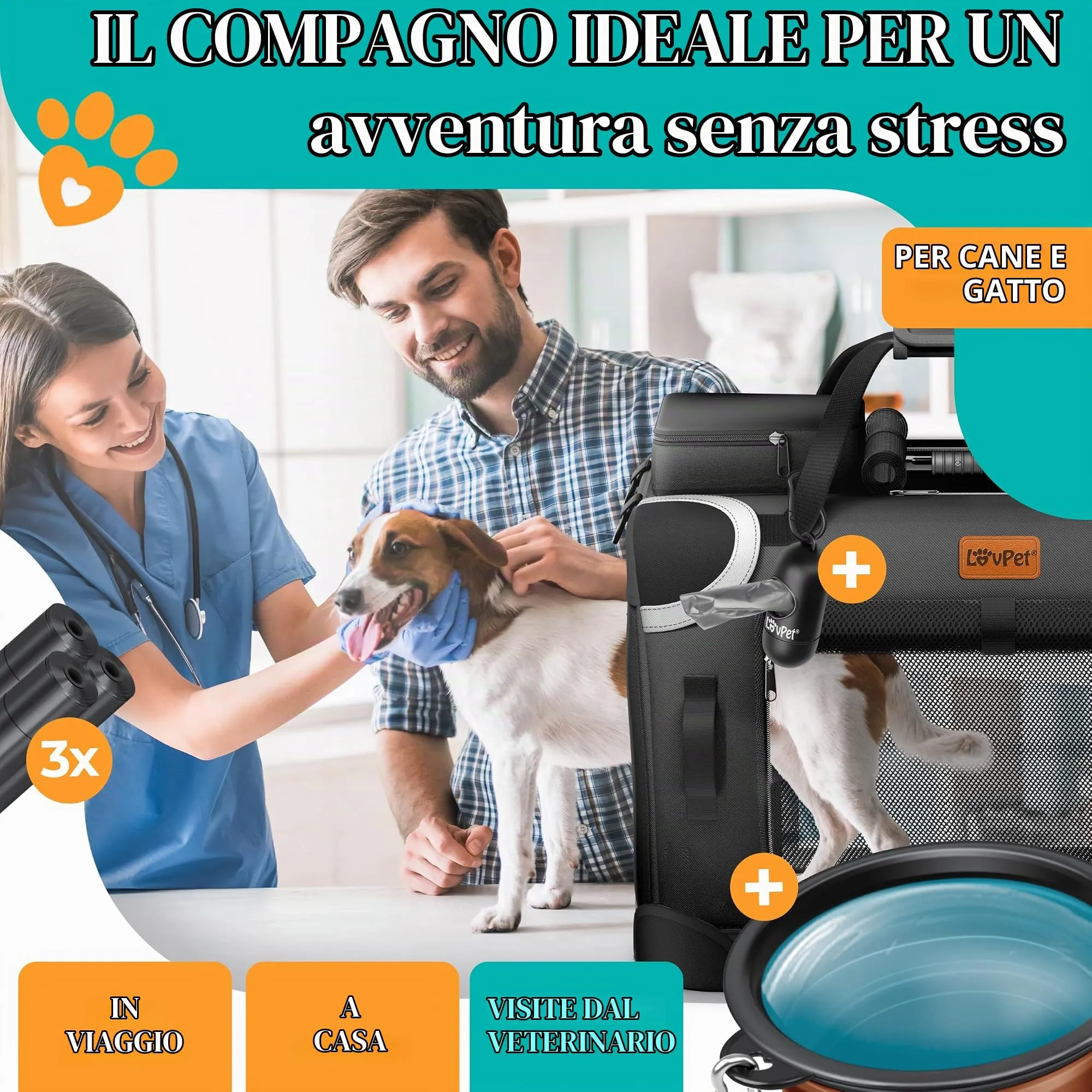 Lovpet Trasportino per Cani e Gatti Pieghevole con Borsa e Ciotola, Nero, XXL - immagine 6
