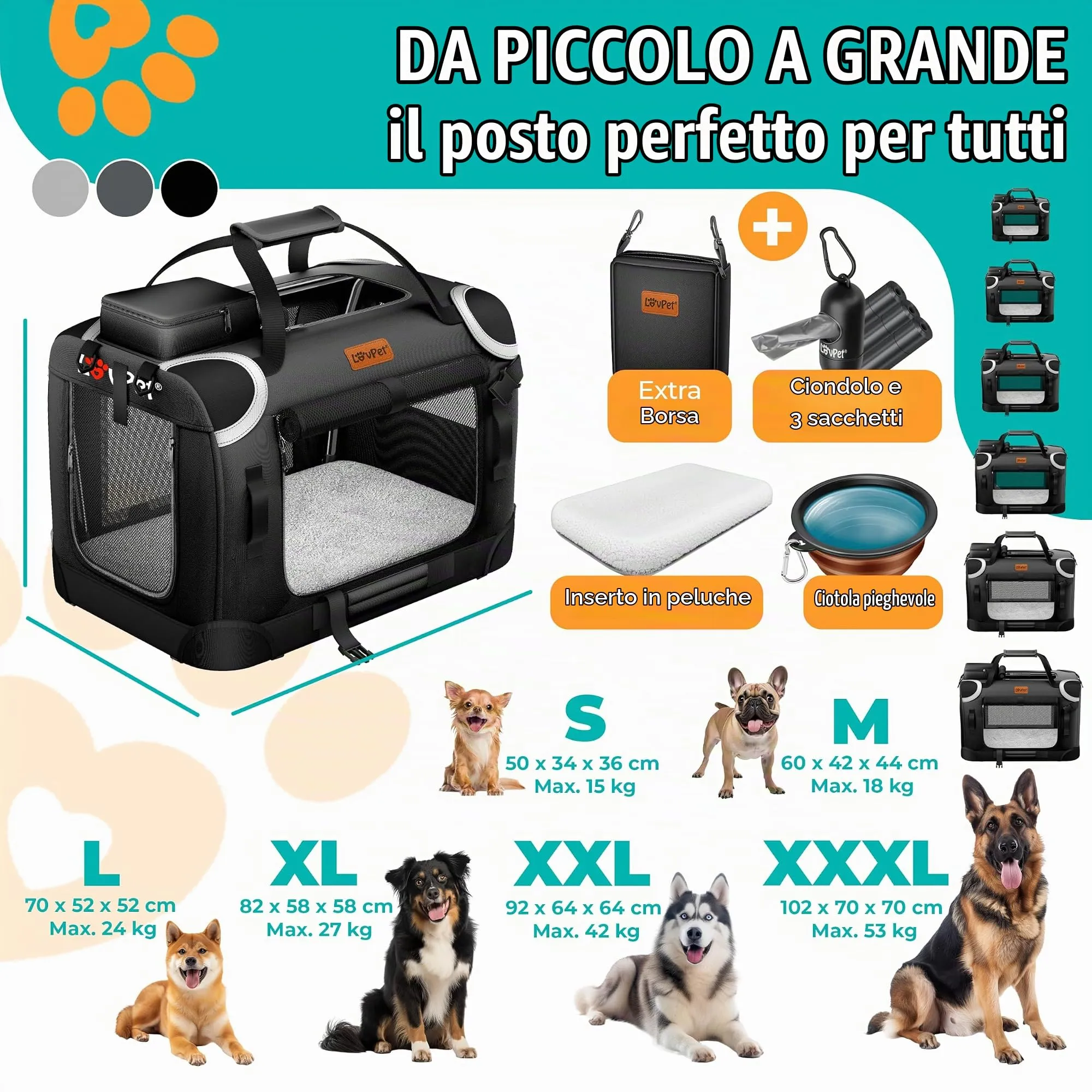 Lovpet Trasportino per Cani e Gatti Pieghevole con Borsa e Ciotola, Nero, XXL - immagine 8