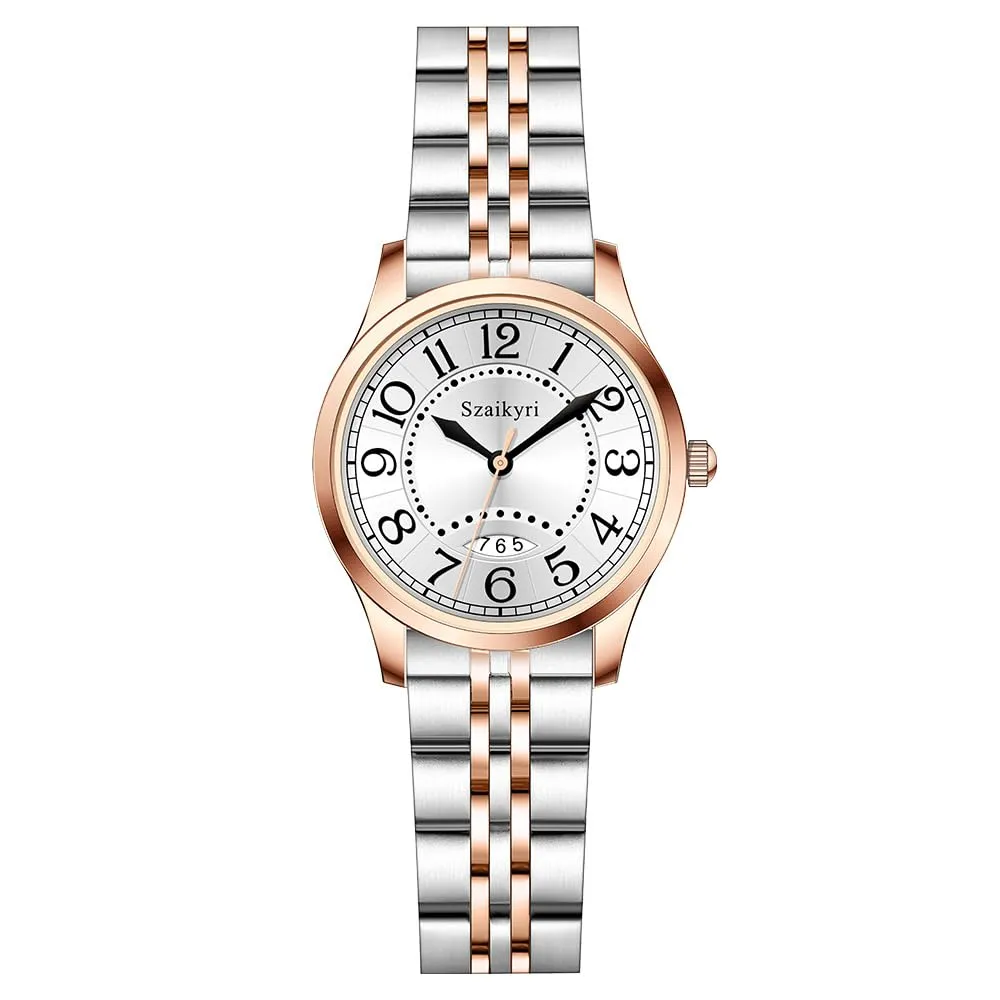 Szaikyri Orologio Classico da Donna con Calendario e Numeri Arabi (Silver-Rosegold Black) - immagine 1