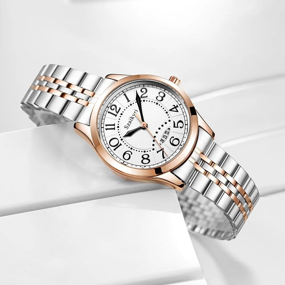 Szaikyri Orologio Classico da Donna con Calendario e Numeri Arabi (Silver-Rosegold Black) - immagine 3