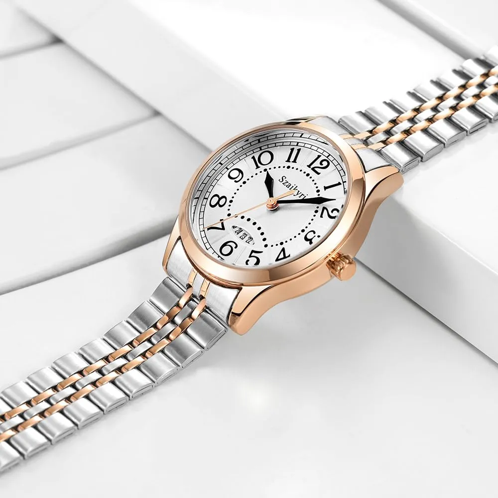 Szaikyri Orologio Classico da Donna con Calendario e Numeri Arabi (Silver-Rosegold Black) - immagine 4