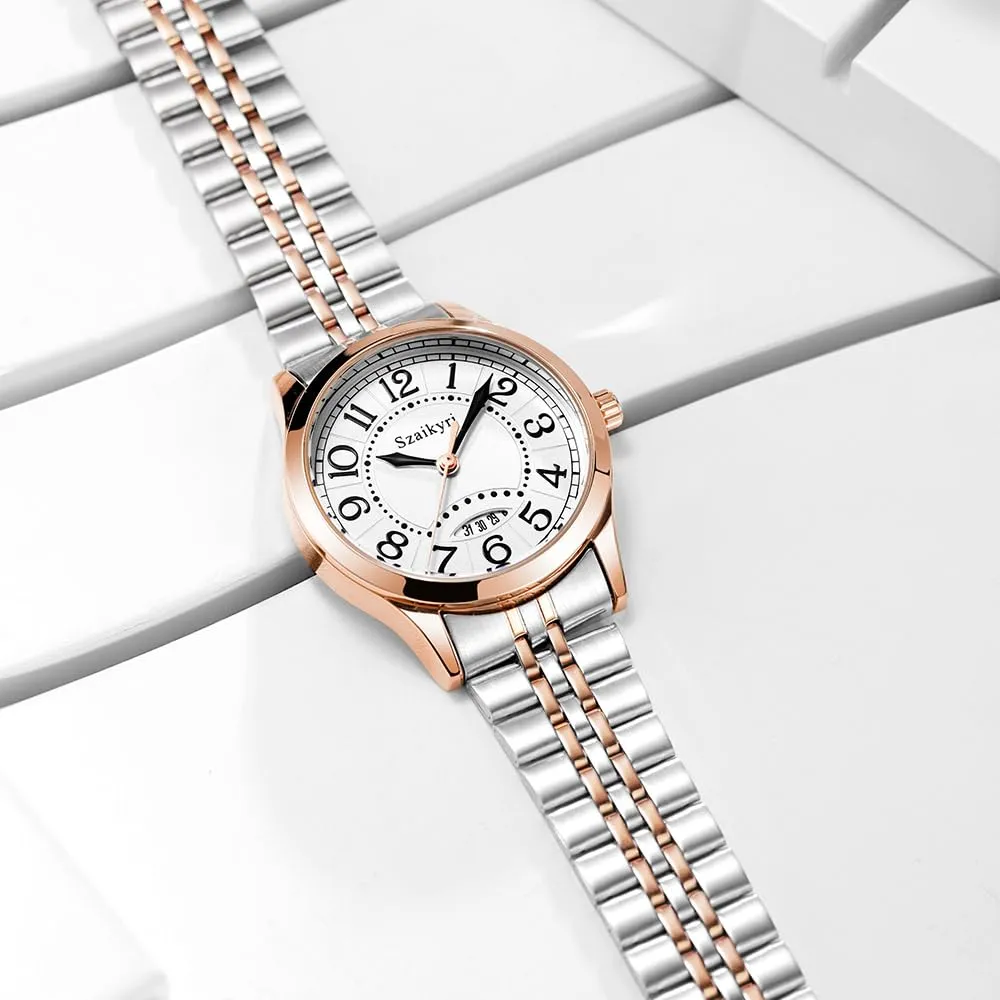 Szaikyri Orologio Classico da Donna con Calendario e Numeri Arabi (Silver-Rosegold Black) - immagine 8