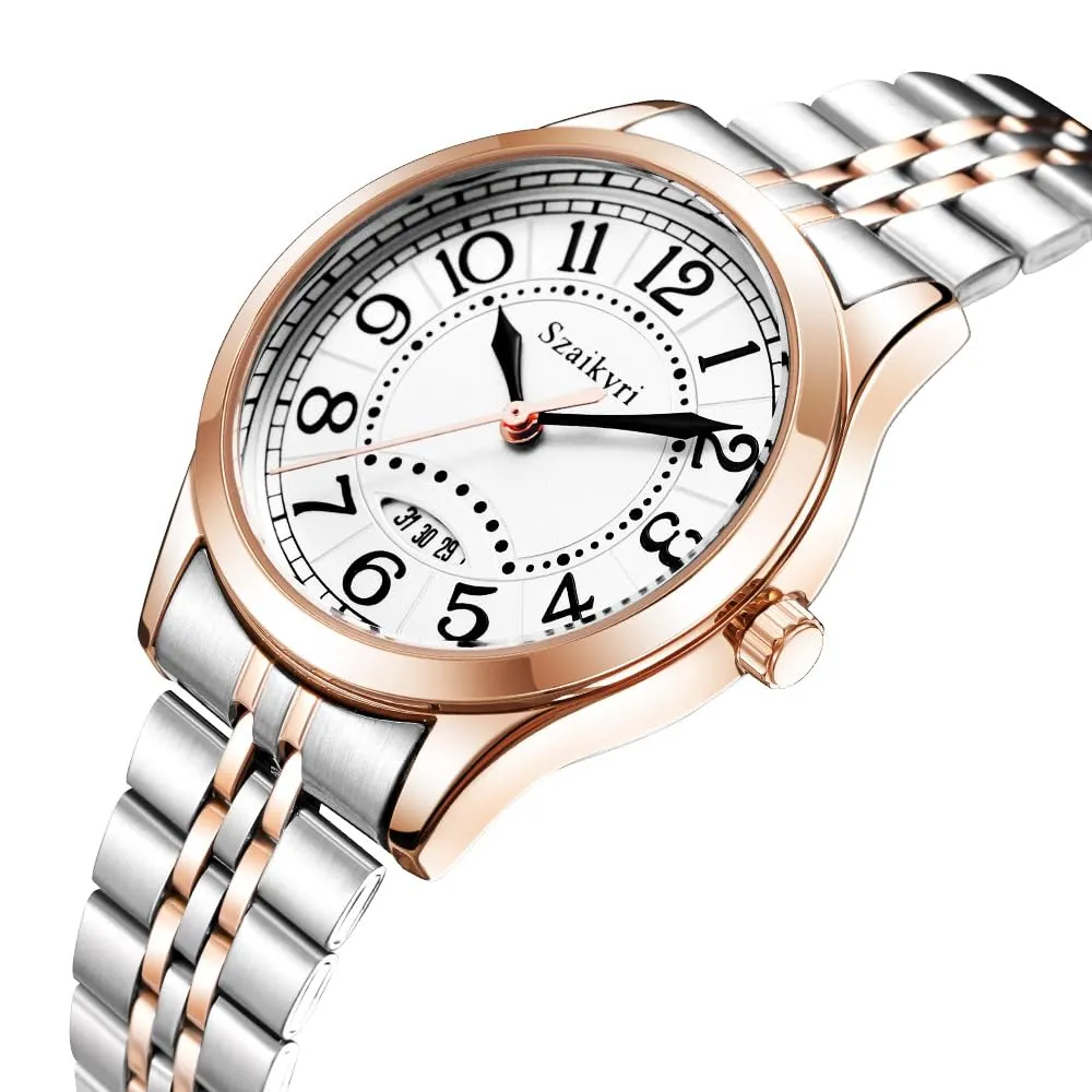 Szaikyri Orologio Classico da Donna con Calendario e Numeri Arabi (Silver-Rosegold Black) - immagine 9