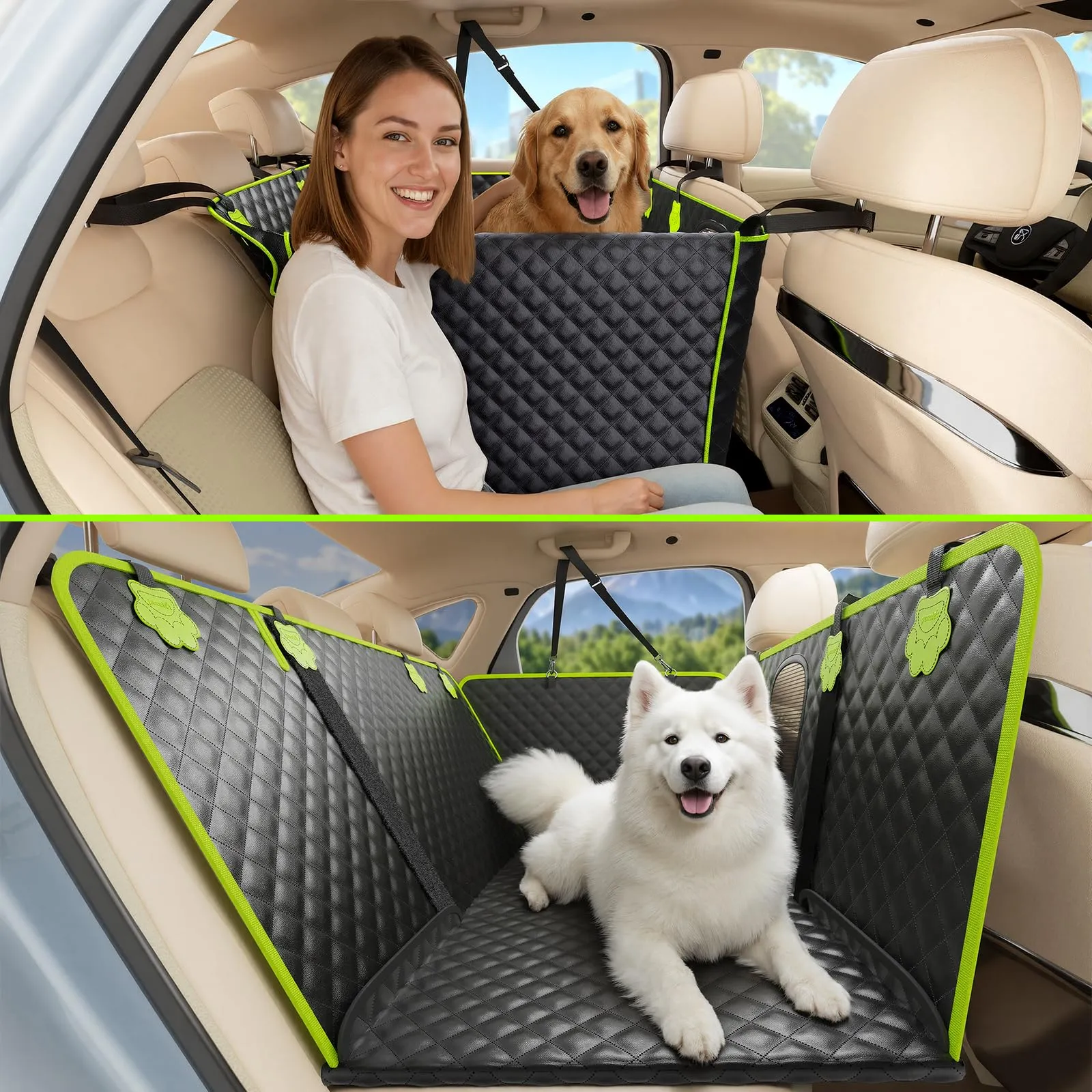 Pecute Coprisedile Auto per Cani 2 in 1 in Pelle PU Impermeabile con Fondo Duro, XL, Verde - immagine 1