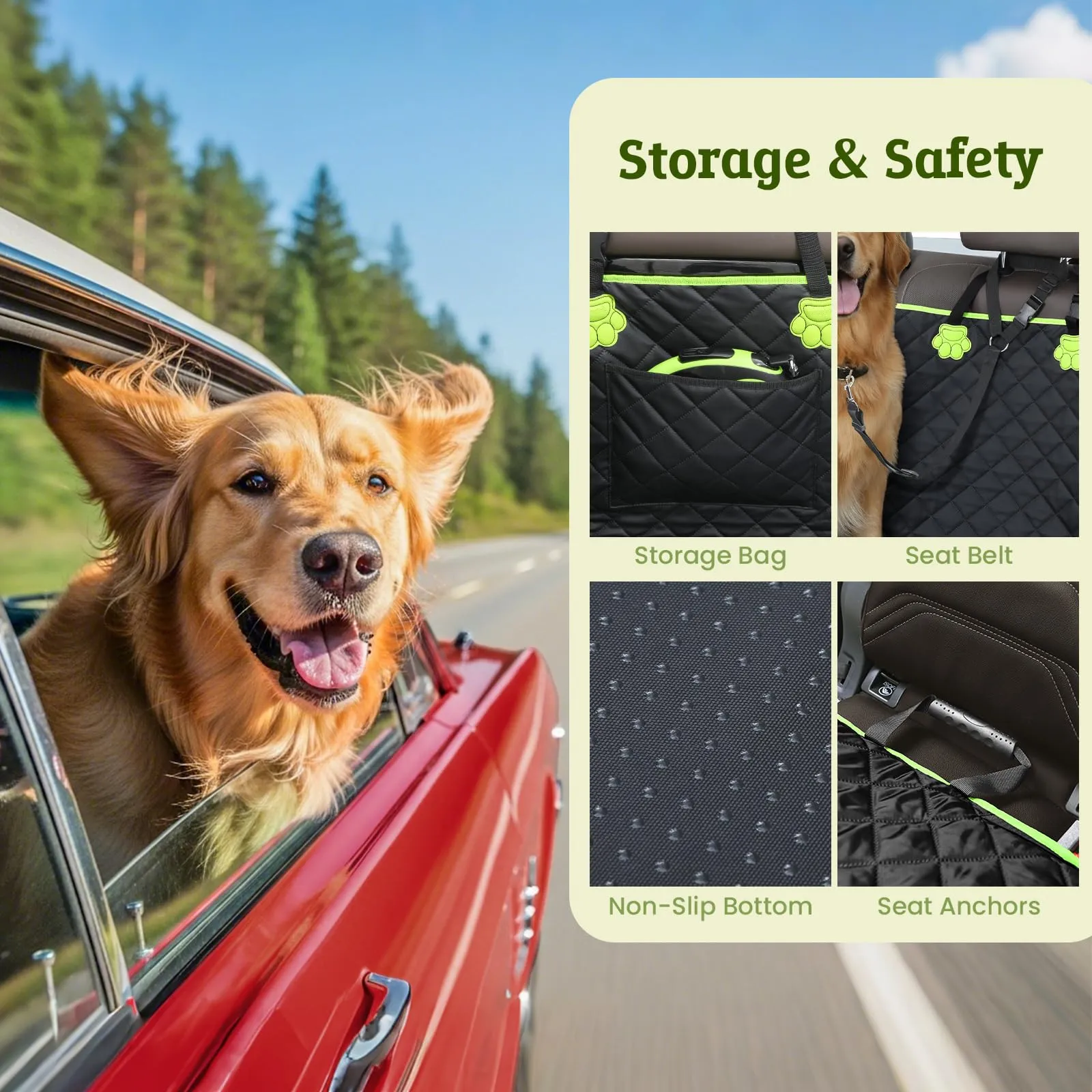 Pecute Coprisedile Auto per Cani 2 in 1 in Pelle PU Impermeabile con Fondo Duro, XL, Verde - immagine 7