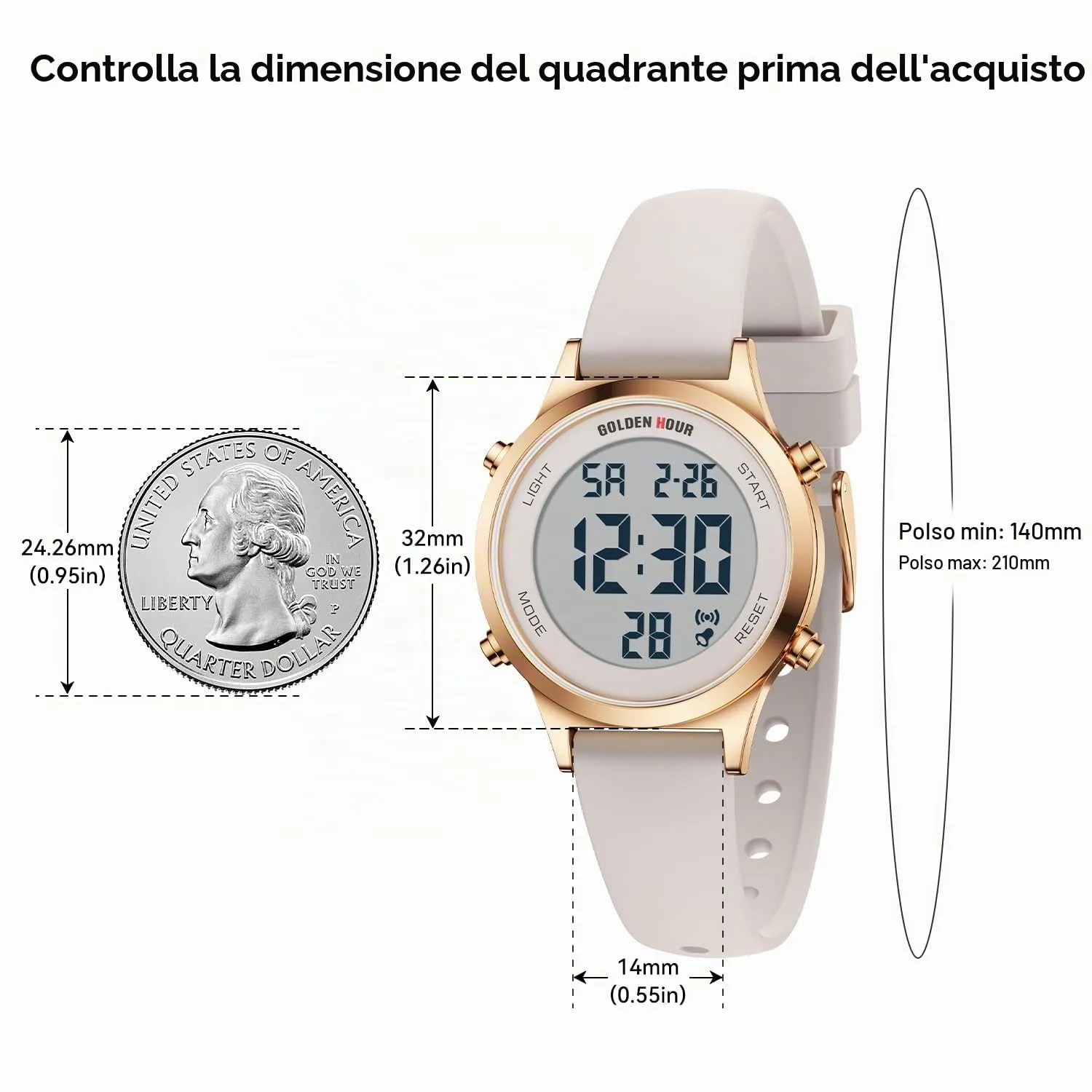 Golden Hour GH1330 Orologio Digitale Donna Sportivo Impermeabile 5 ATM, Cinturino Silicone 12mm, Movimento Giapponese, Luce LED, Sveglia, Cronometro - immagine 3