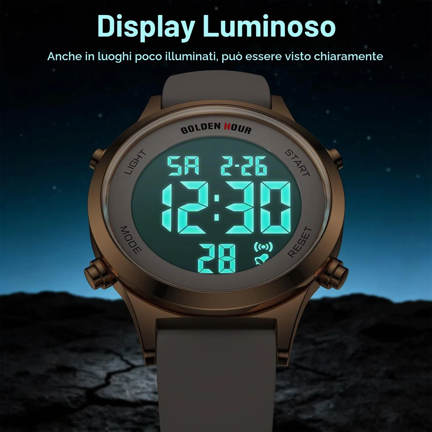 Golden Hour GH1330 Orologio Digitale Donna Sportivo Impermeabile 5 ATM, Cinturino Silicone 12mm, Movimento Giapponese, Luce LED, Sveglia, Cronometro - immagine 4