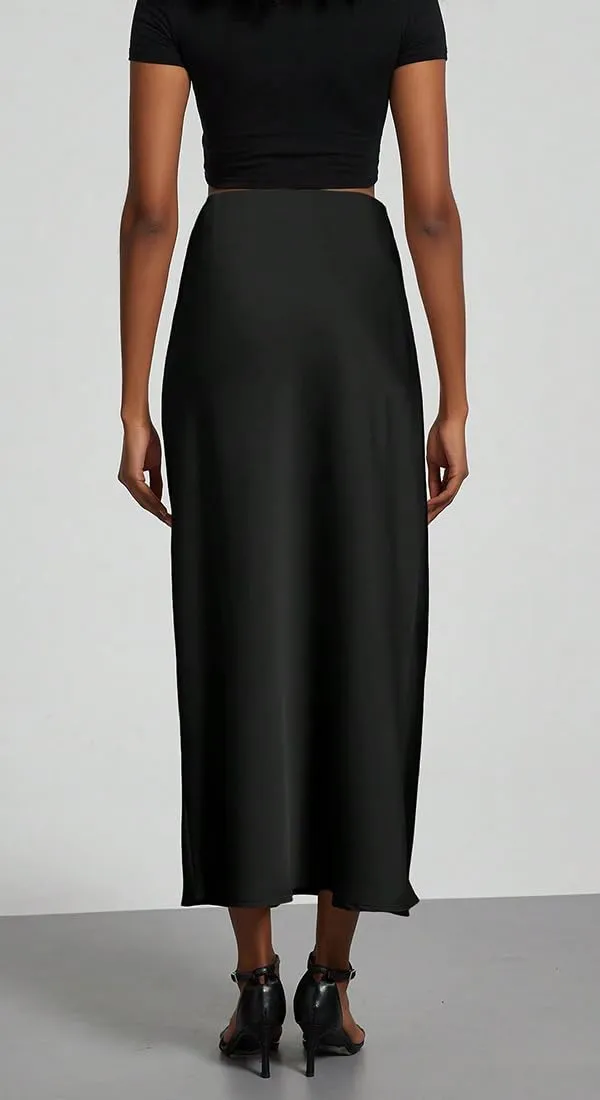 OLIPHEE Gonna Lunga in Raso Elegante Vita Alta A-Line Nero L - immagine 5