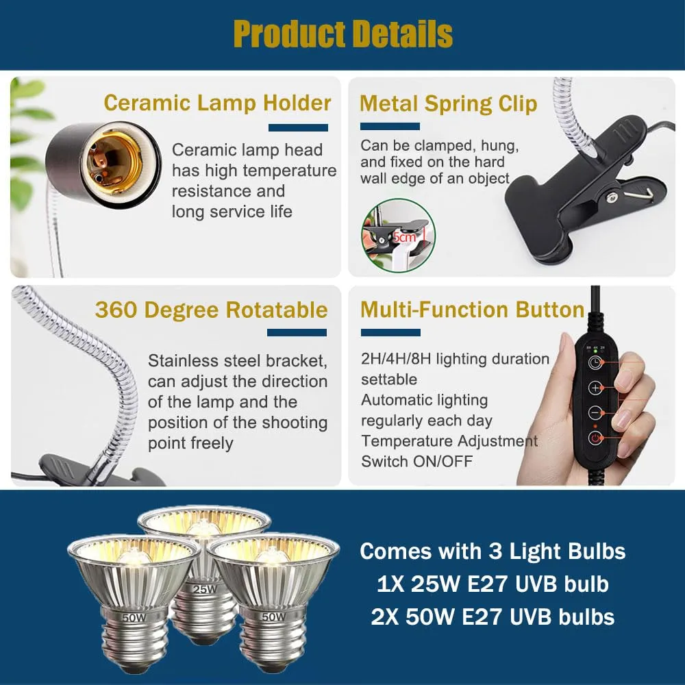 KINGYEENUO Lampada Riscaldante per Rettili con Timer e 3 Lampade UVA+UVB E27 - immagine 4