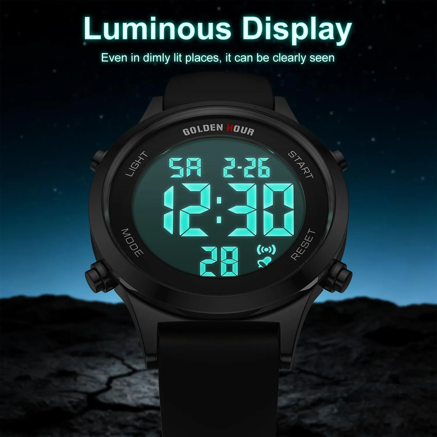 Golden Hour Orologio Digitale Donna GH1330, Impermeabile 5 ATM, Cinturino Silicone 12mm, Movimento Giapponese, Luce LED, Sveglia, Cronometro - immagine 4