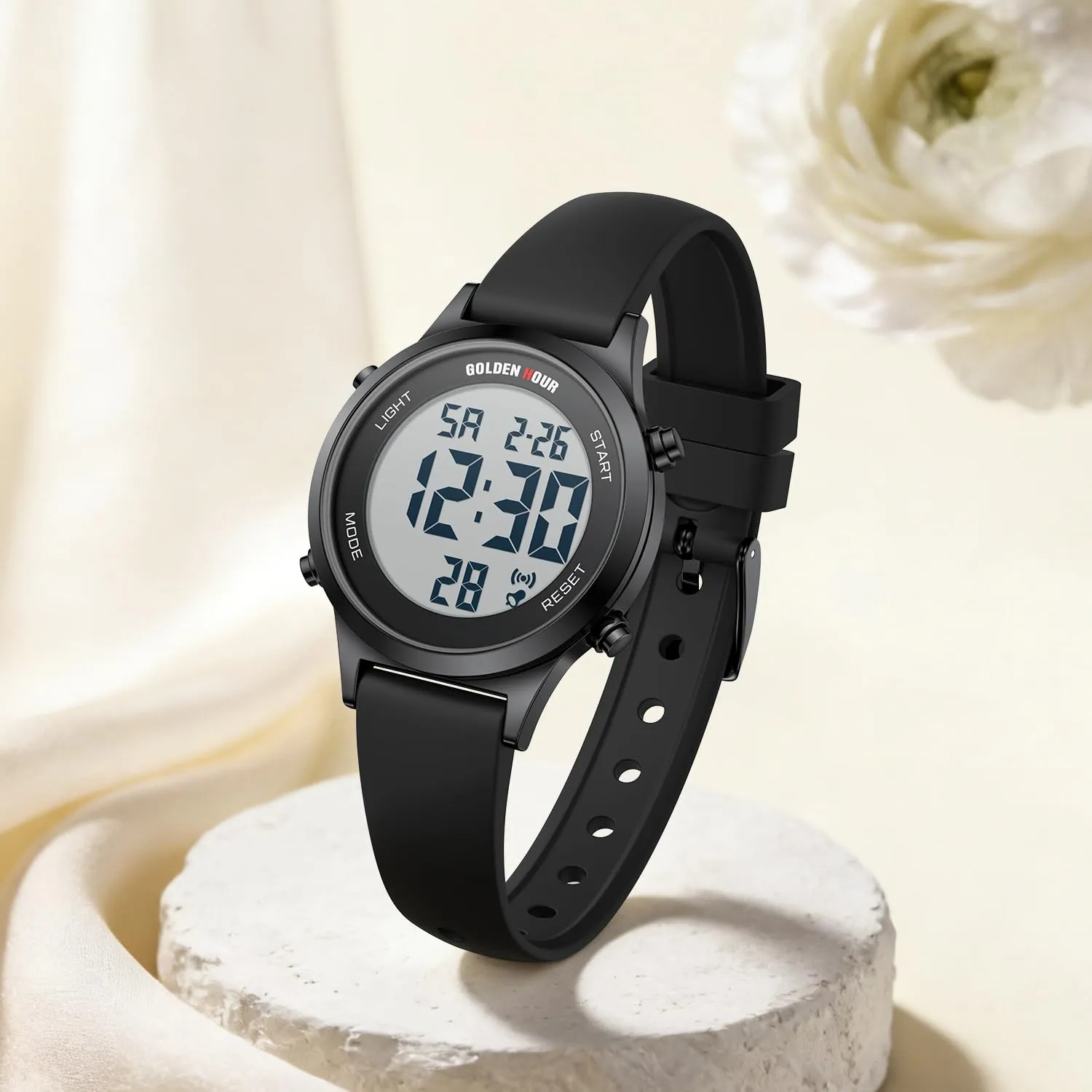 Golden Hour Orologio Digitale Donna GH1330, Impermeabile 5 ATM, Cinturino Silicone 12mm, Movimento Giapponese, Luce LED, Sveglia, Cronometro - immagine 5