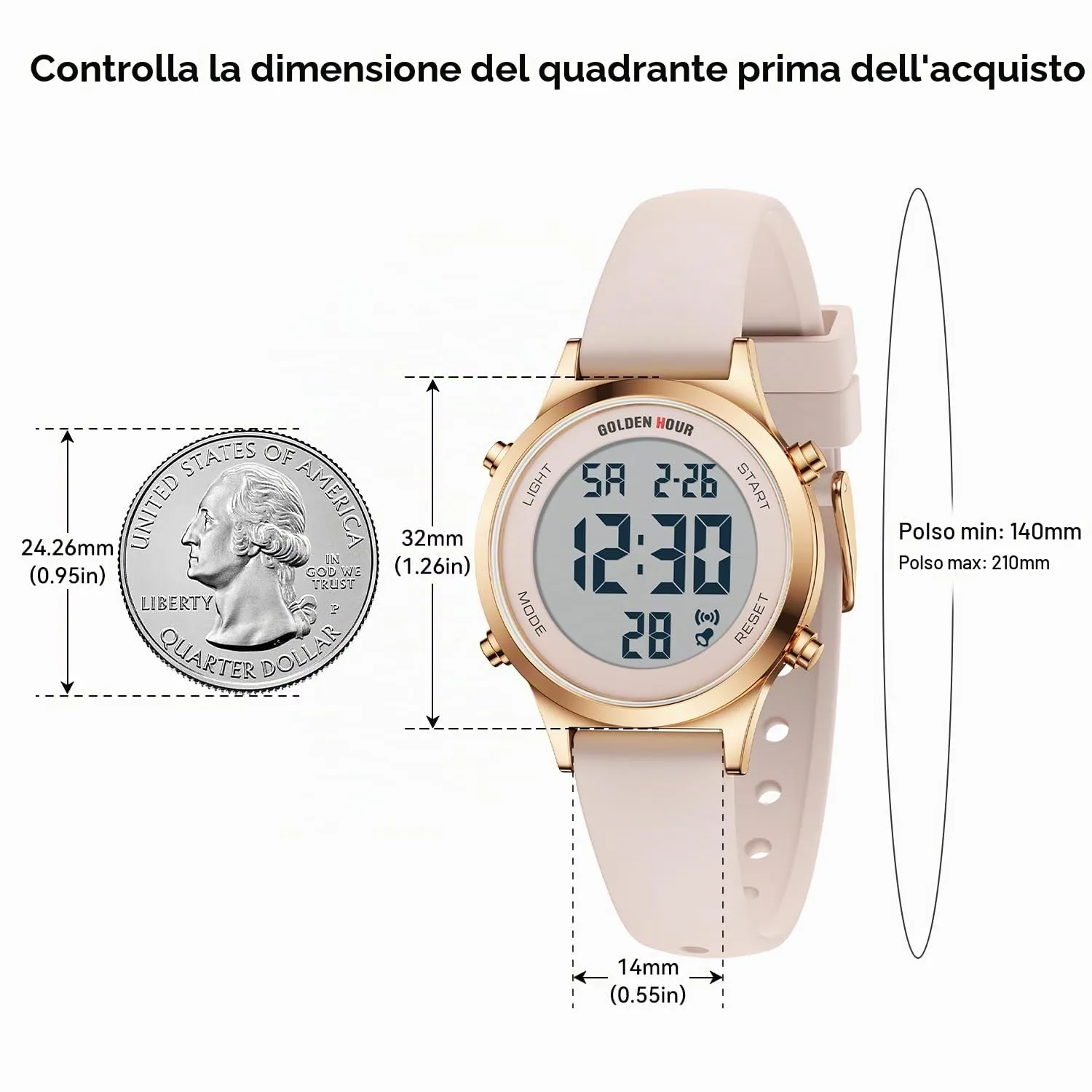 Golden Hour GH1330 Orologio Digitale Donna, Sportivo Impermeabile 5 ATM, Cinturino Silicone 12mm, Movimento Giapponese, Luce LED, Sveglia, Cronometro - immagine 3