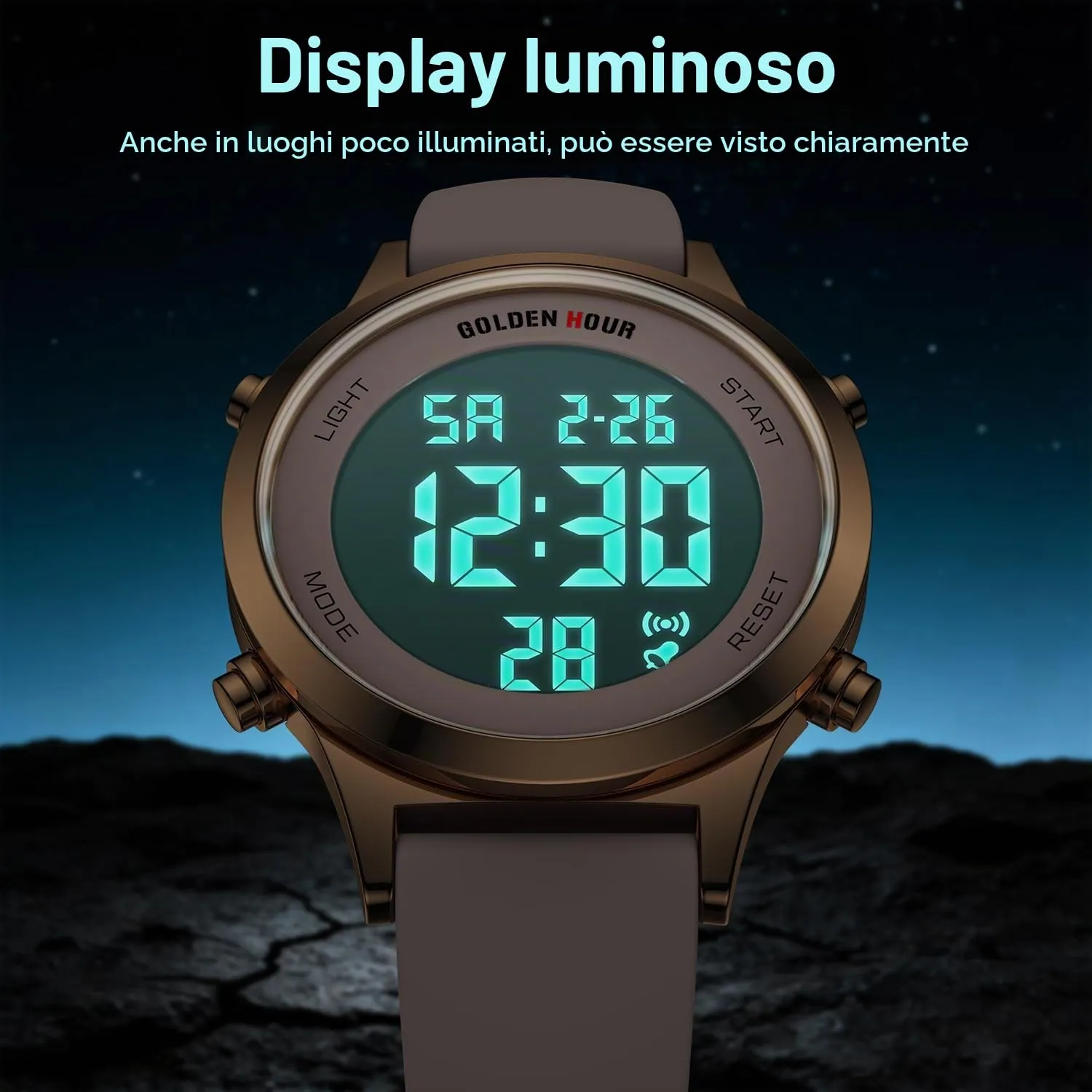 Golden Hour GH1330 Orologio Digitale Donna, Sportivo Impermeabile 5 ATM, Cinturino Silicone 12mm, Movimento Giapponese, Luce LED, Sveglia, Cronometro - immagine 4