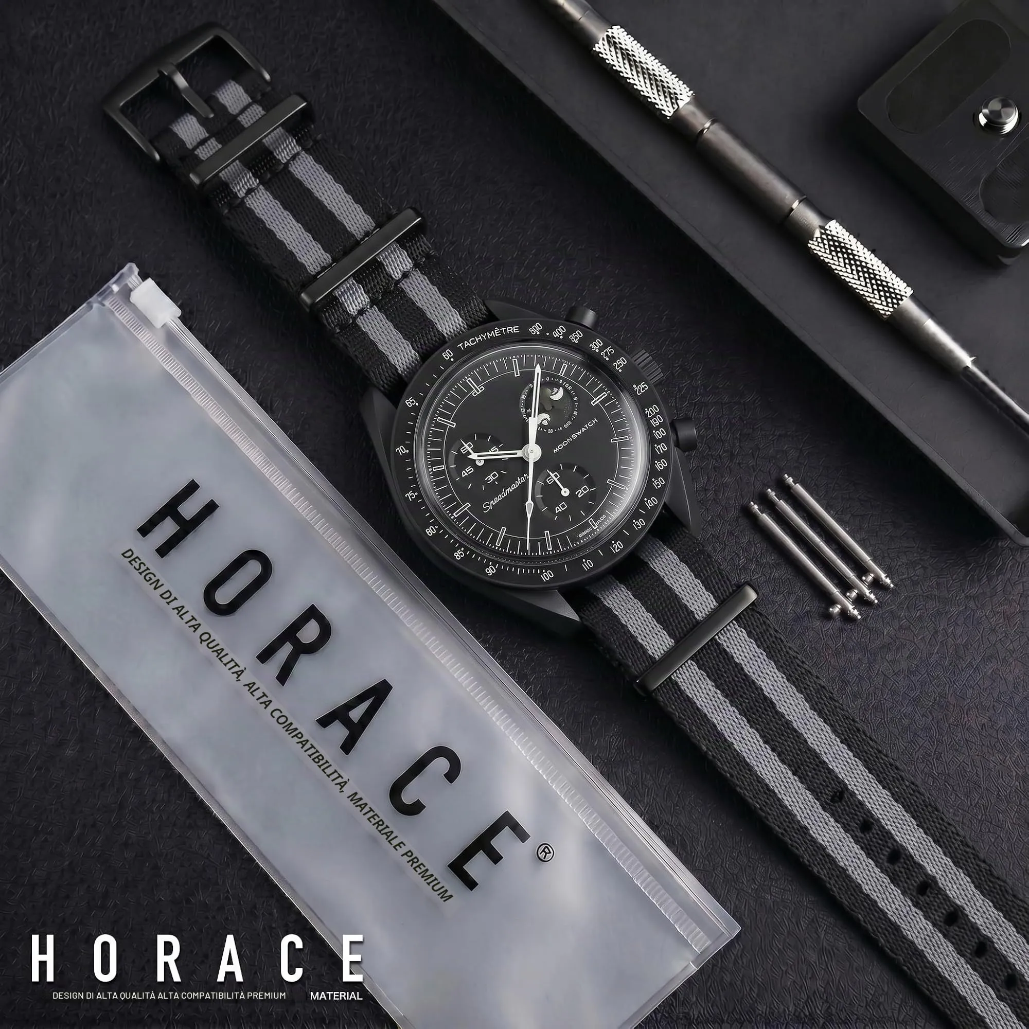 HORACE Cinturino Orologio NATO 20mm in Nylon - Compatibile con Omega x Swatch MoonSwatch (Bond 007 Spectre - Nero) - immagine 3