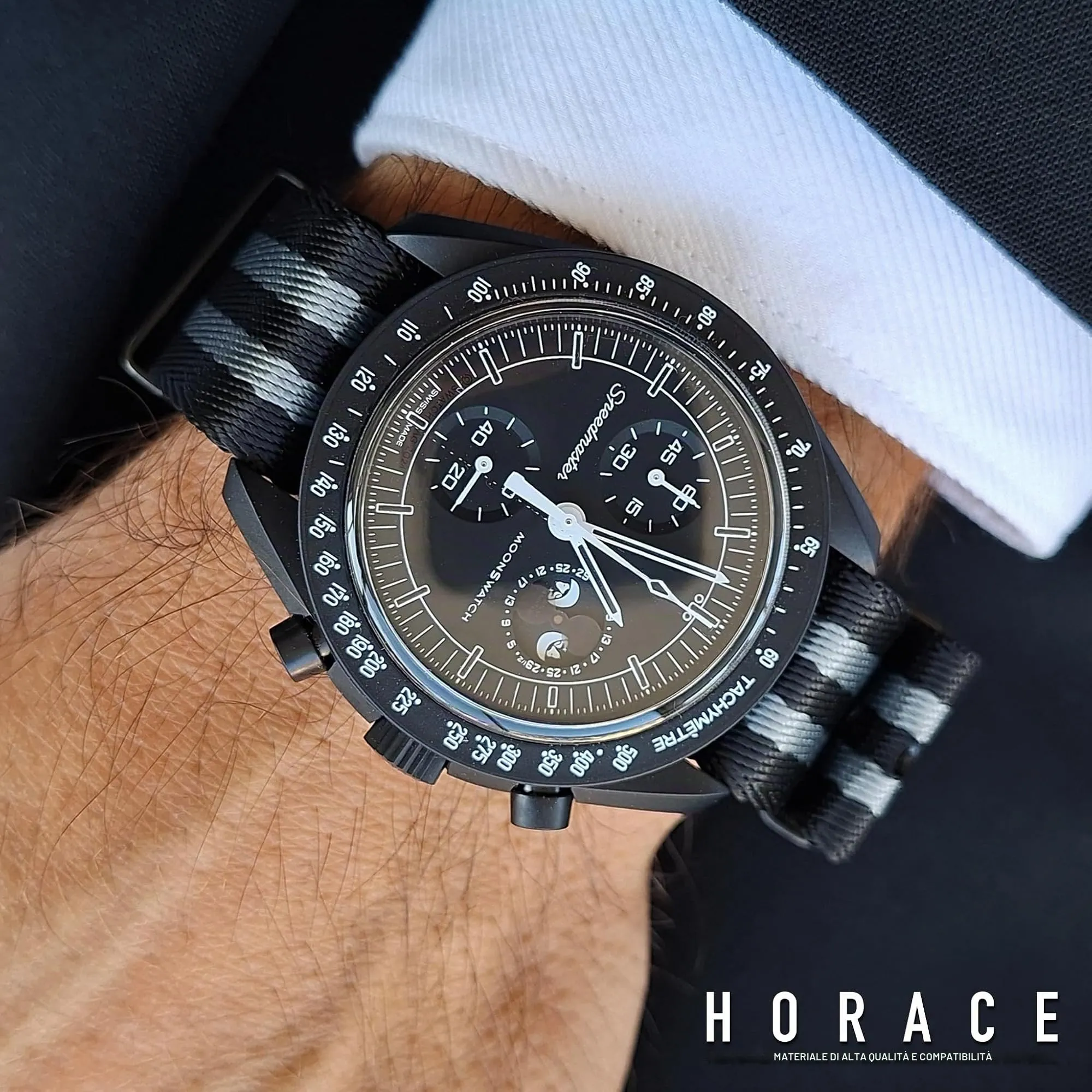 HORACE Cinturino Orologio NATO 20mm in Nylon - Compatibile con Omega x Swatch MoonSwatch (Bond 007 Spectre - Nero) - immagine 5
