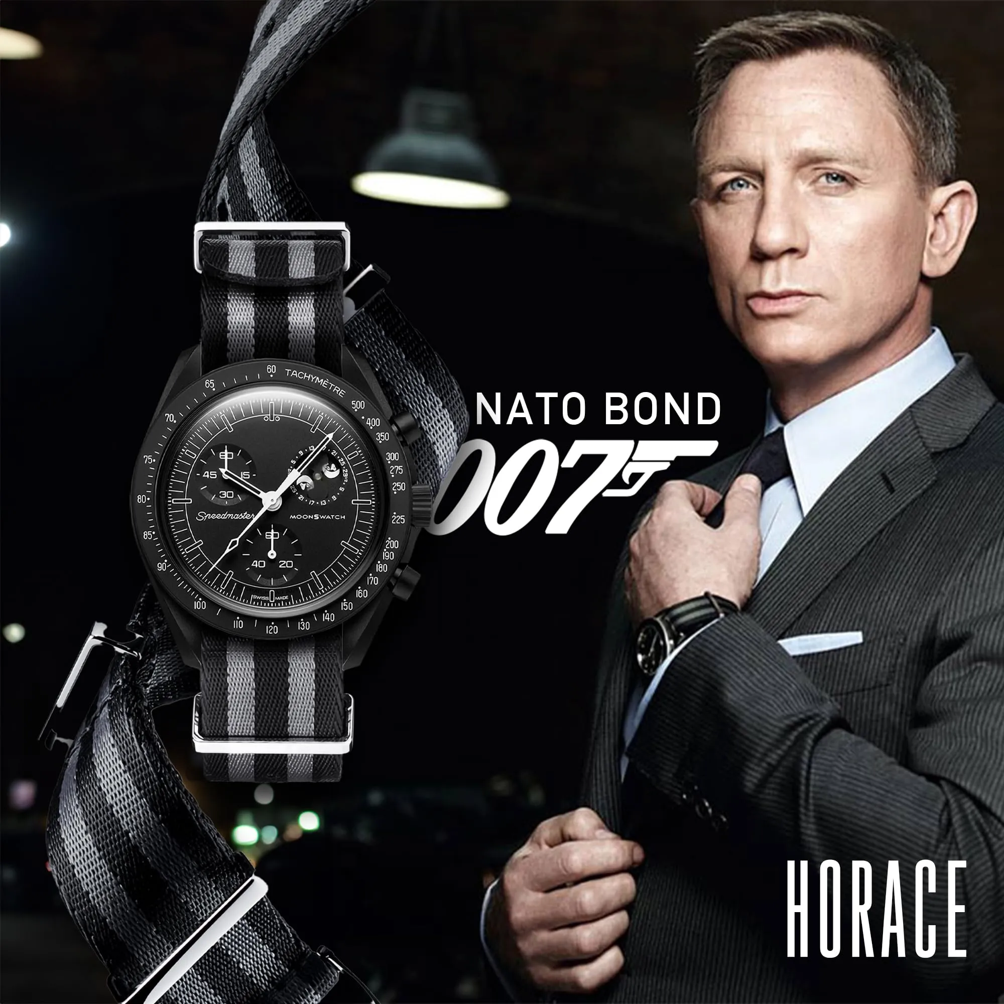 HORACE Cinturino Orologio NATO 20mm in Nylon - Compatibile con Omega x Swatch MoonSwatch (Bond 007 Spectre - Nero) - immagine 7