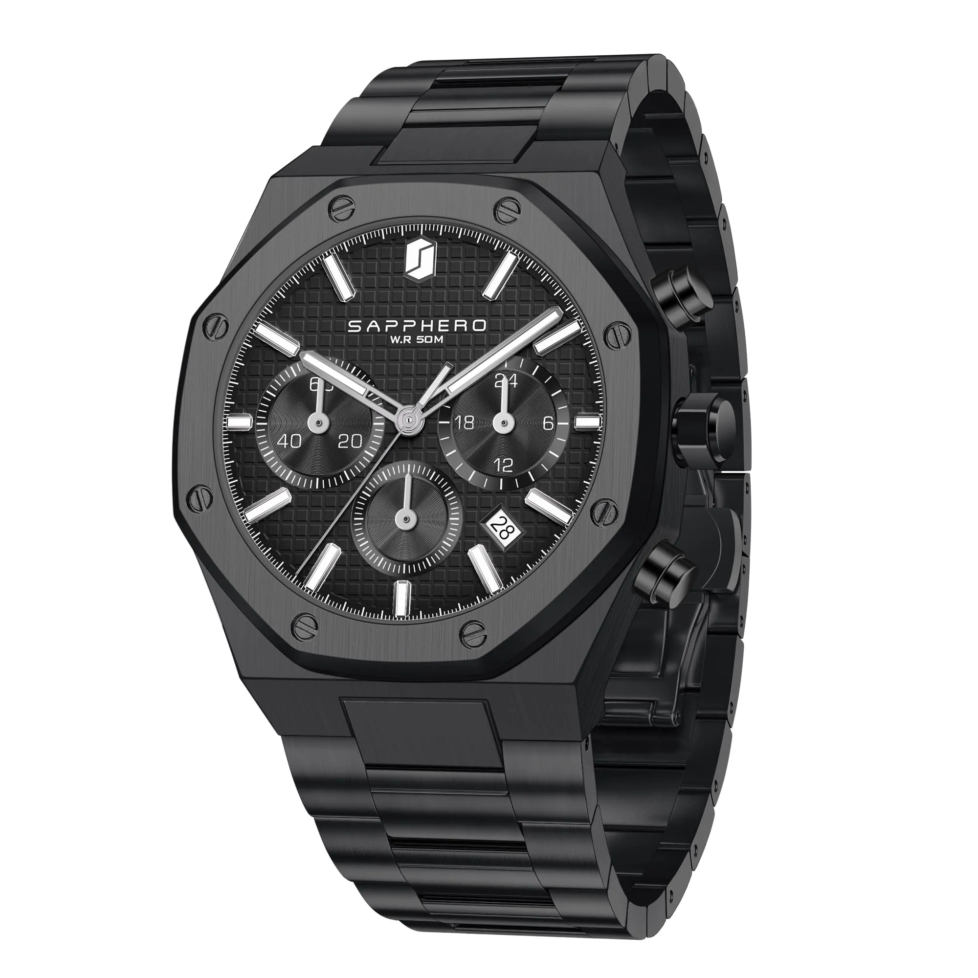 SAPPHERO Orologio da uomo in acciaio inossidabile SO-2111, Movimento al quarzo giapponese, Impermeabile, Nero - immagine 1