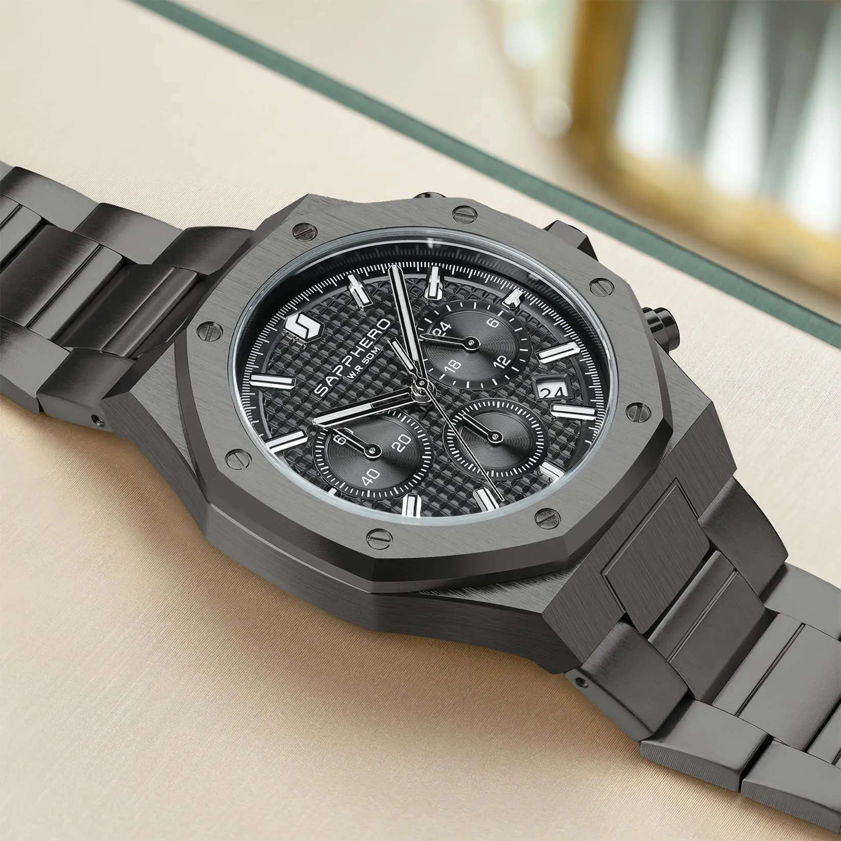 SAPPHERO Orologio da uomo in acciaio inossidabile SO-2111, Movimento al quarzo giapponese, Impermeabile, Nero - immagine 2
