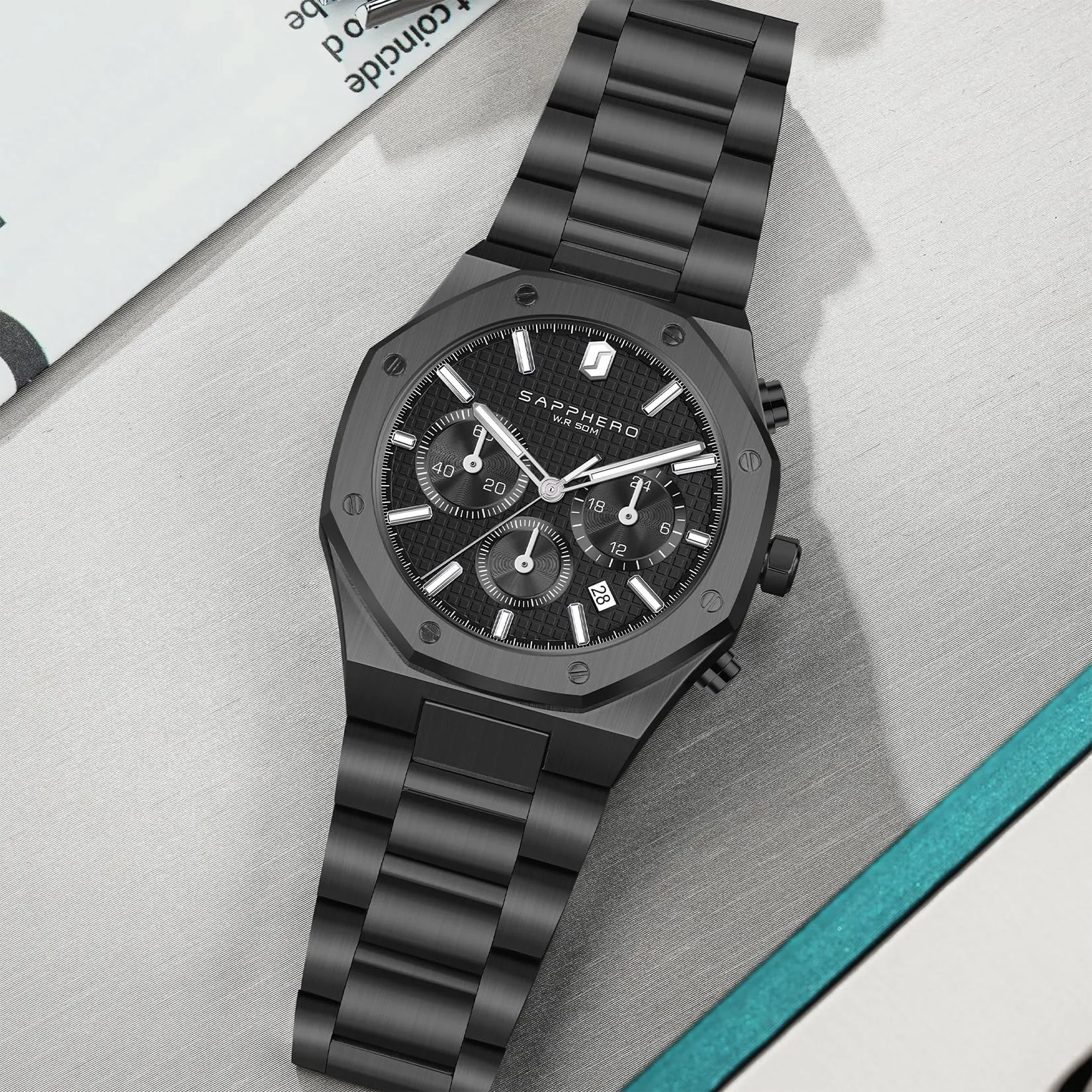 SAPPHERO Orologio da uomo in acciaio inossidabile SO-2111, Movimento al quarzo giapponese, Impermeabile, Nero - immagine 3