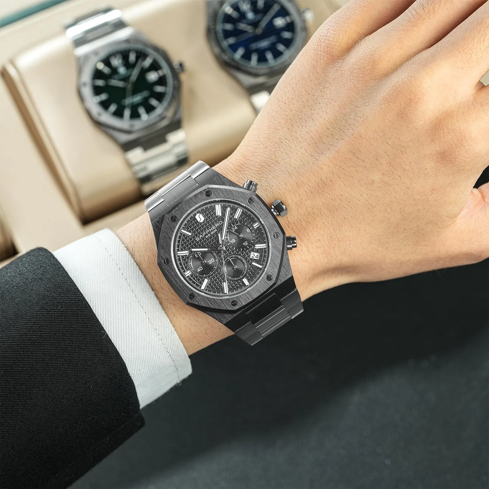 SAPPHERO Orologio da uomo in acciaio inossidabile SO-2111, Movimento al quarzo giapponese, Impermeabile, Nero - immagine 4
