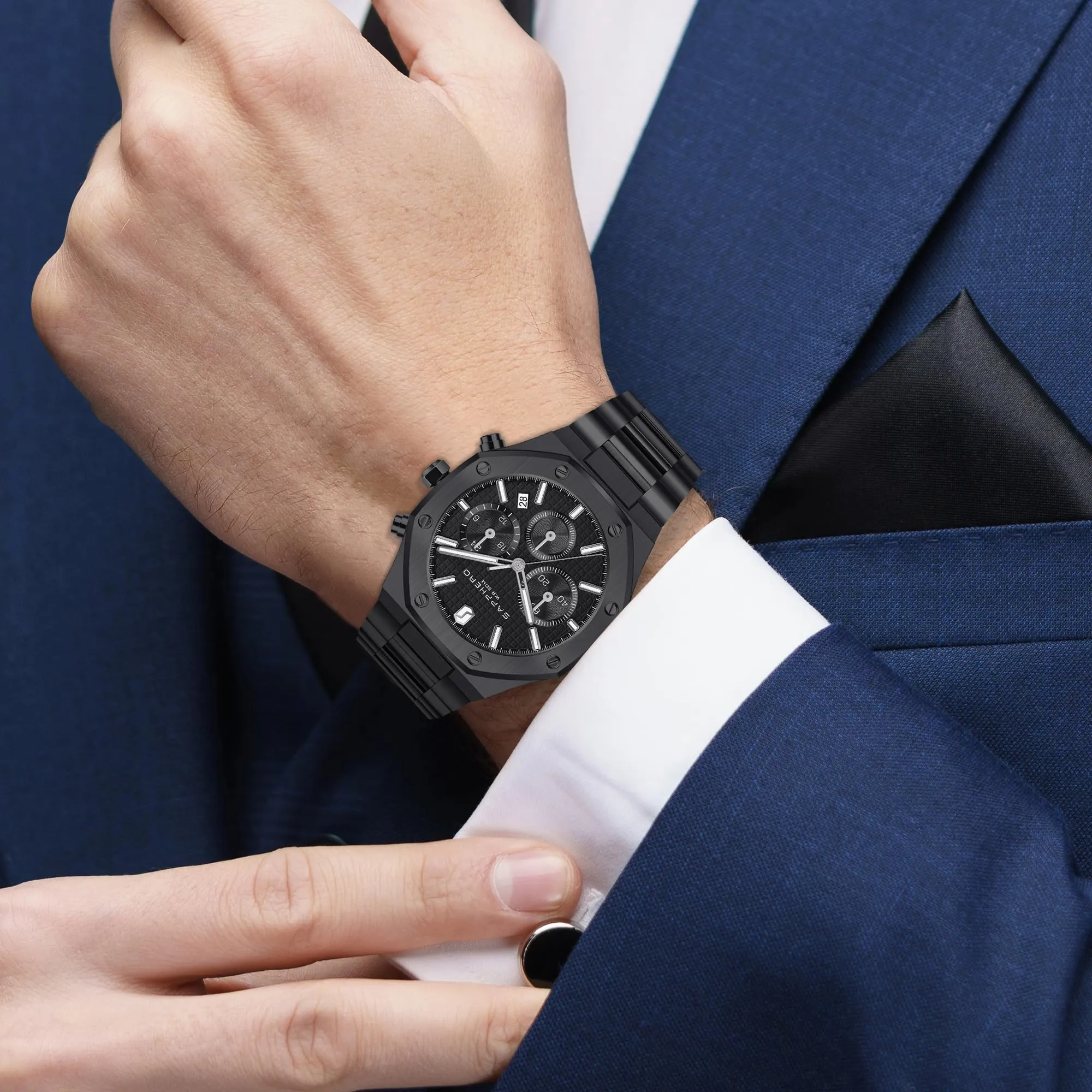 SAPPHERO Orologio da uomo in acciaio inossidabile SO-2111, Movimento al quarzo giapponese, Impermeabile, Nero - immagine 6