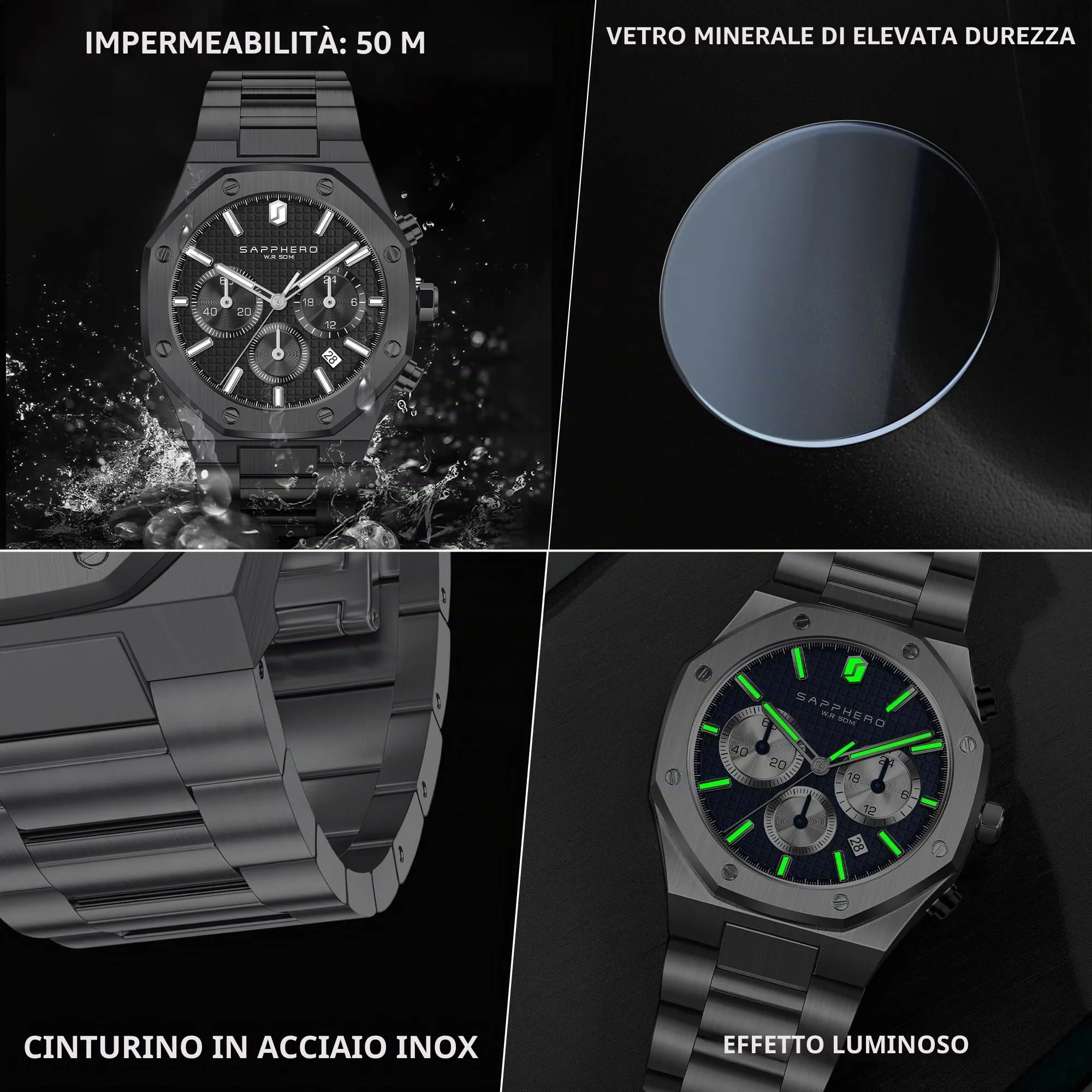 SAPPHERO Orologio da uomo in acciaio inossidabile SO-2111, Movimento al quarzo giapponese, Impermeabile, Nero - immagine 7